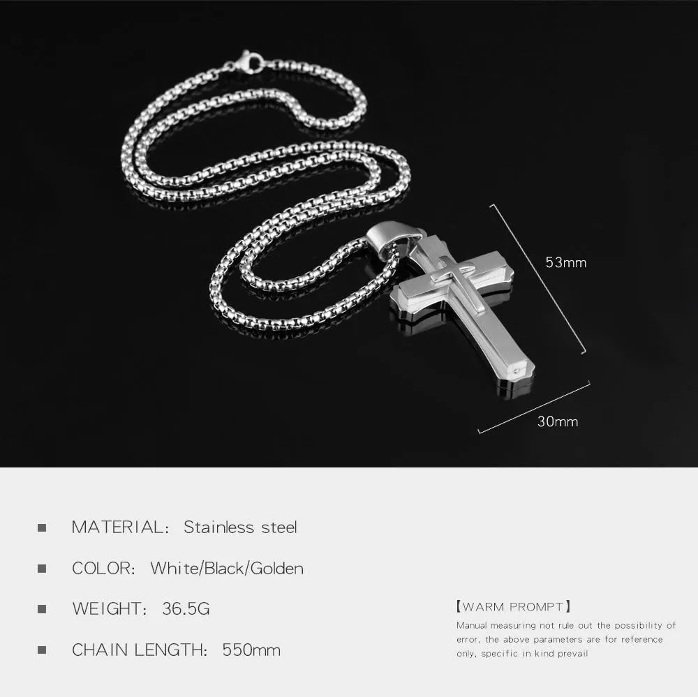 Classic Cross Necklace for Men Silver Black Gold Stainless Steel Christ Cross Crucifix Pendant Necklace Religious Jewelry Gift Box Chain 21.6 Inches