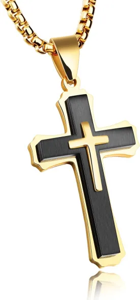 Classic Cross Necklace for Men Silver Black Gold Stainless Steel Christ Cross Crucifix Pendant Necklace Religious Jewelry Gift Box Chain 21.6 Inches