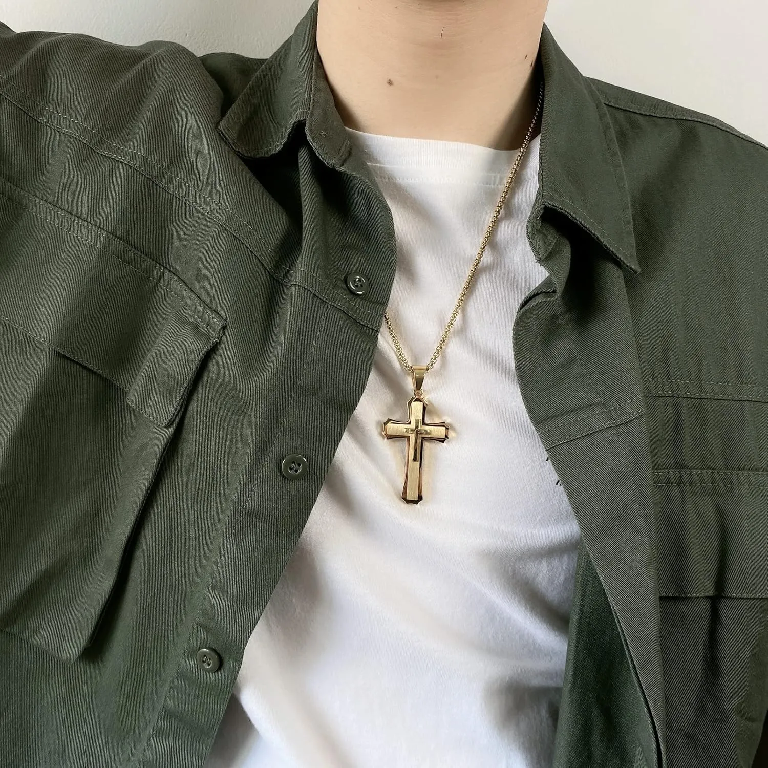 Classic Cross Necklace for Men Silver Black Gold Stainless Steel Christ Cross Crucifix Pendant Necklace Religious Jewelry Gift Box Chain 21.6 Inches