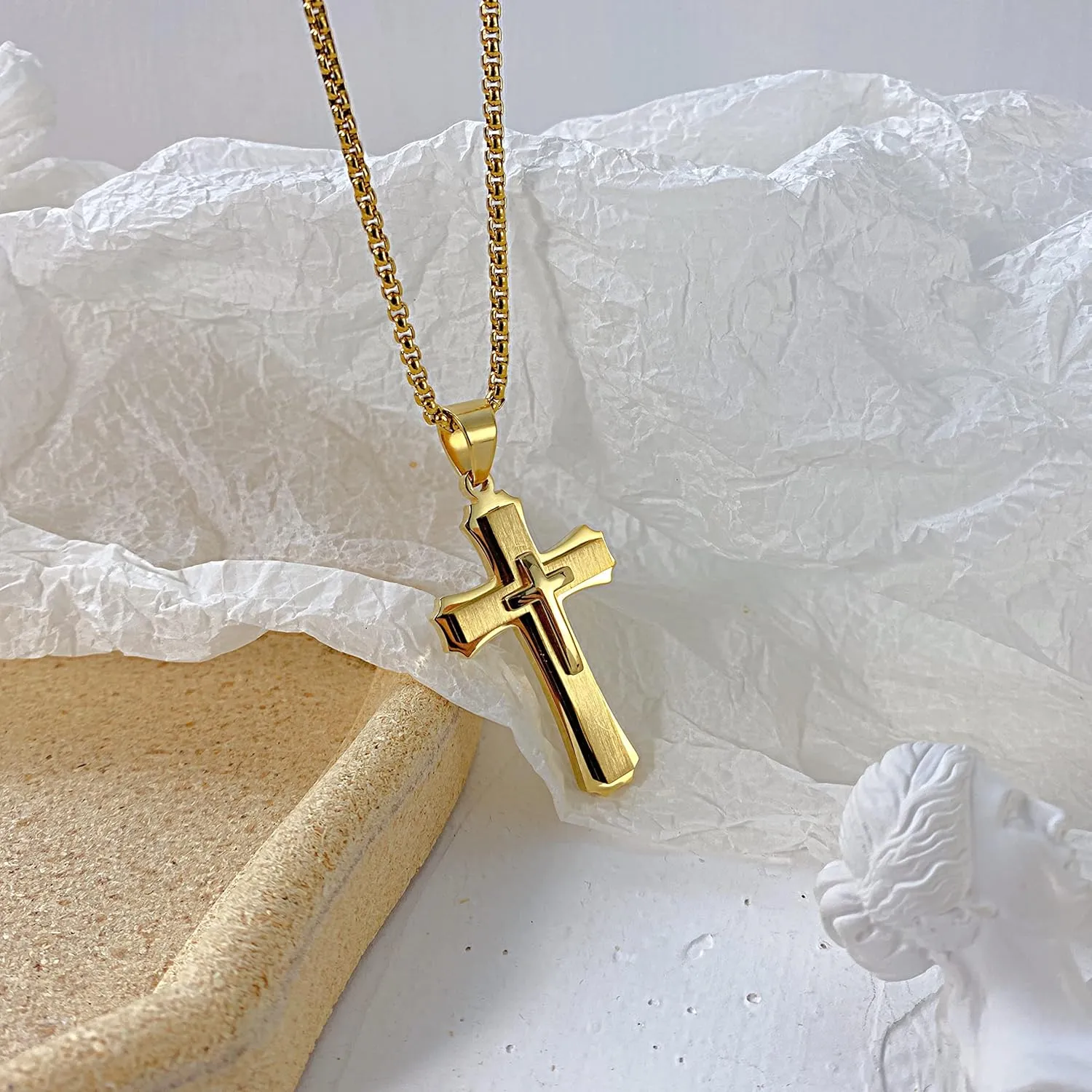 Classic Cross Necklace for Men Silver Black Gold Stainless Steel Christ Cross Crucifix Pendant Necklace Religious Jewelry Gift Box Chain 21.6 Inches