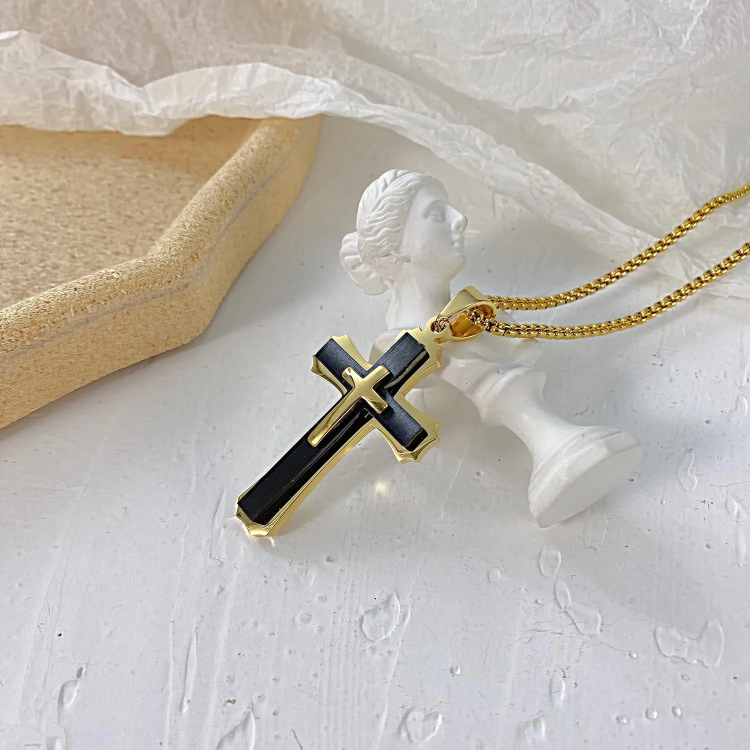 Classic Cross Necklace for Men Silver Black Gold Stainless Steel Christ Cross Crucifix Pendant Necklace Religious Jewelry Gift Box Chain 21.6 Inches