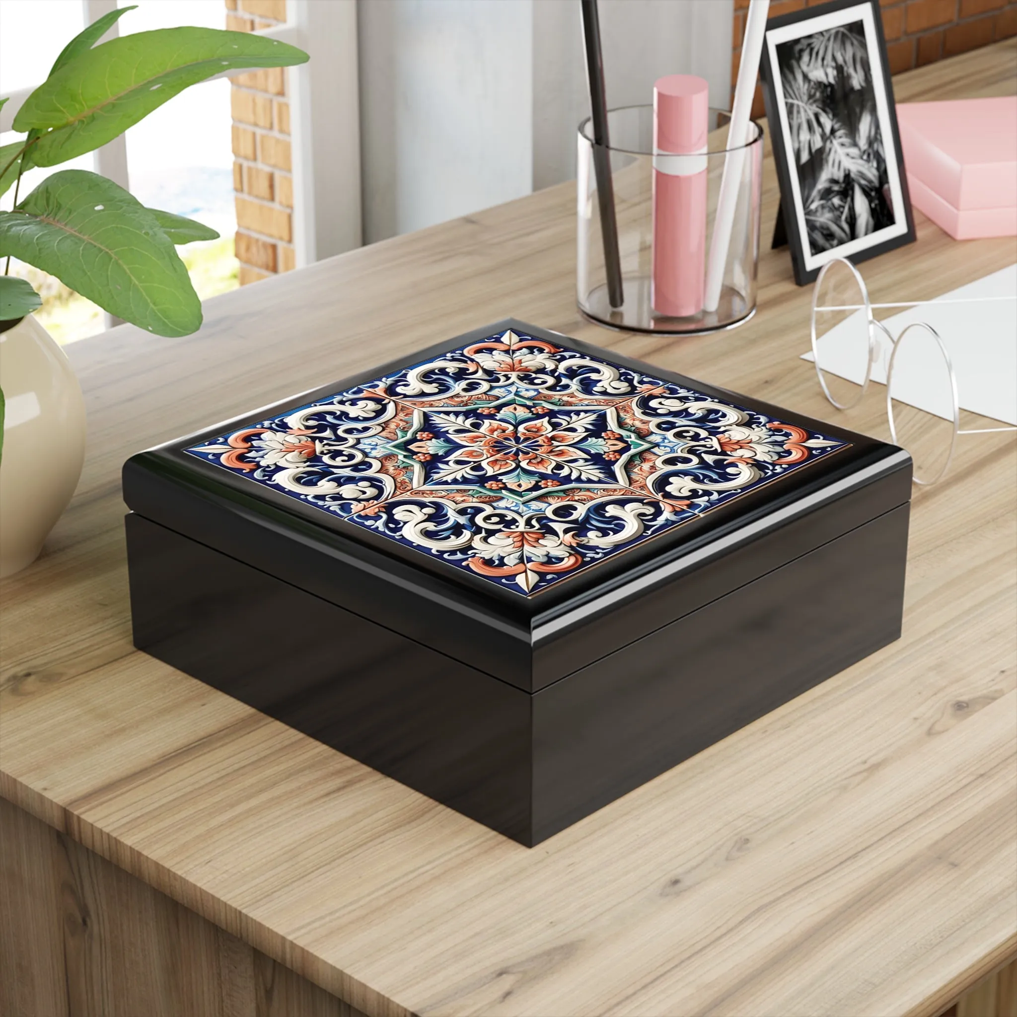 Elegant Decorative Jewelry Box with Ornate Tile Design