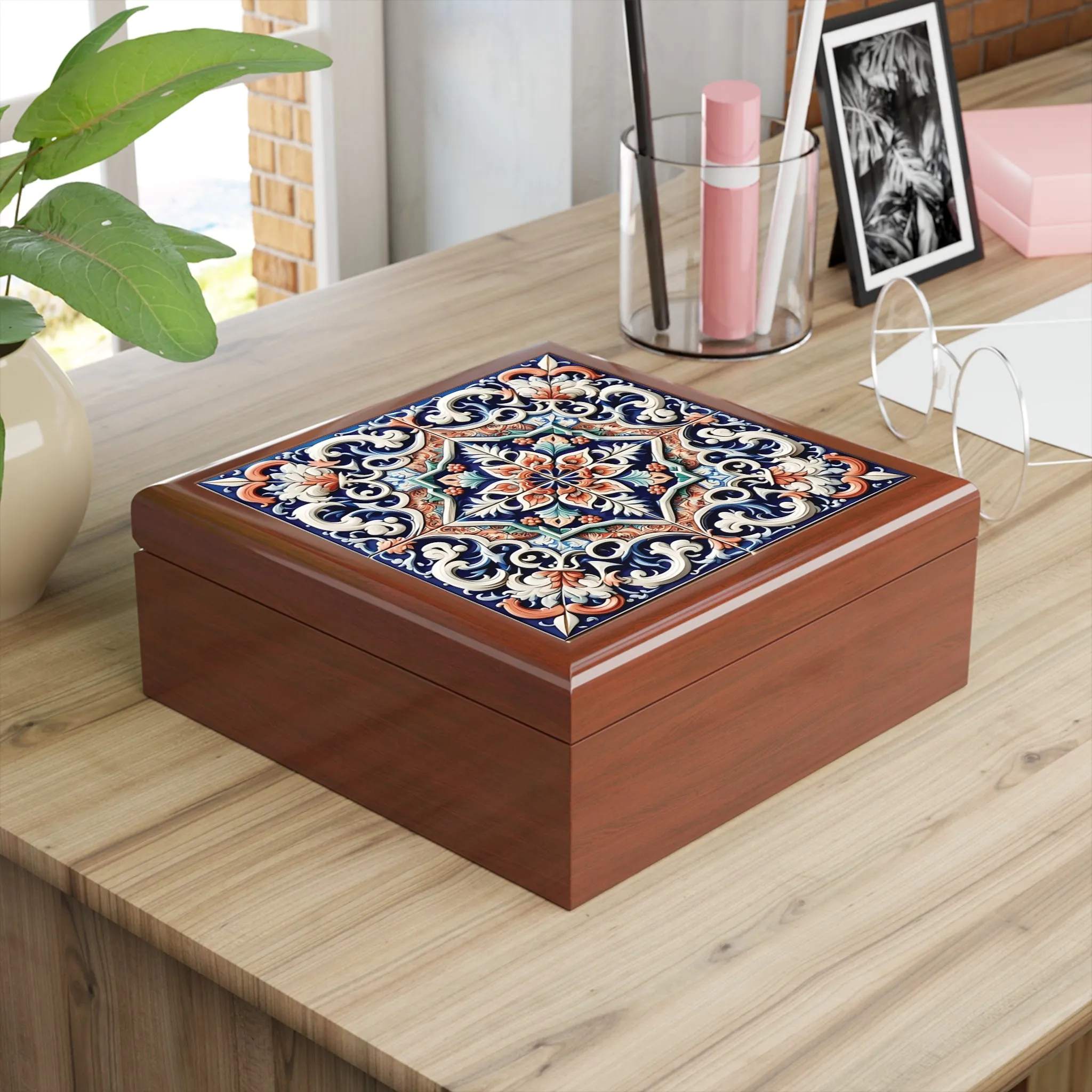 Elegant Decorative Jewelry Box with Ornate Tile Design