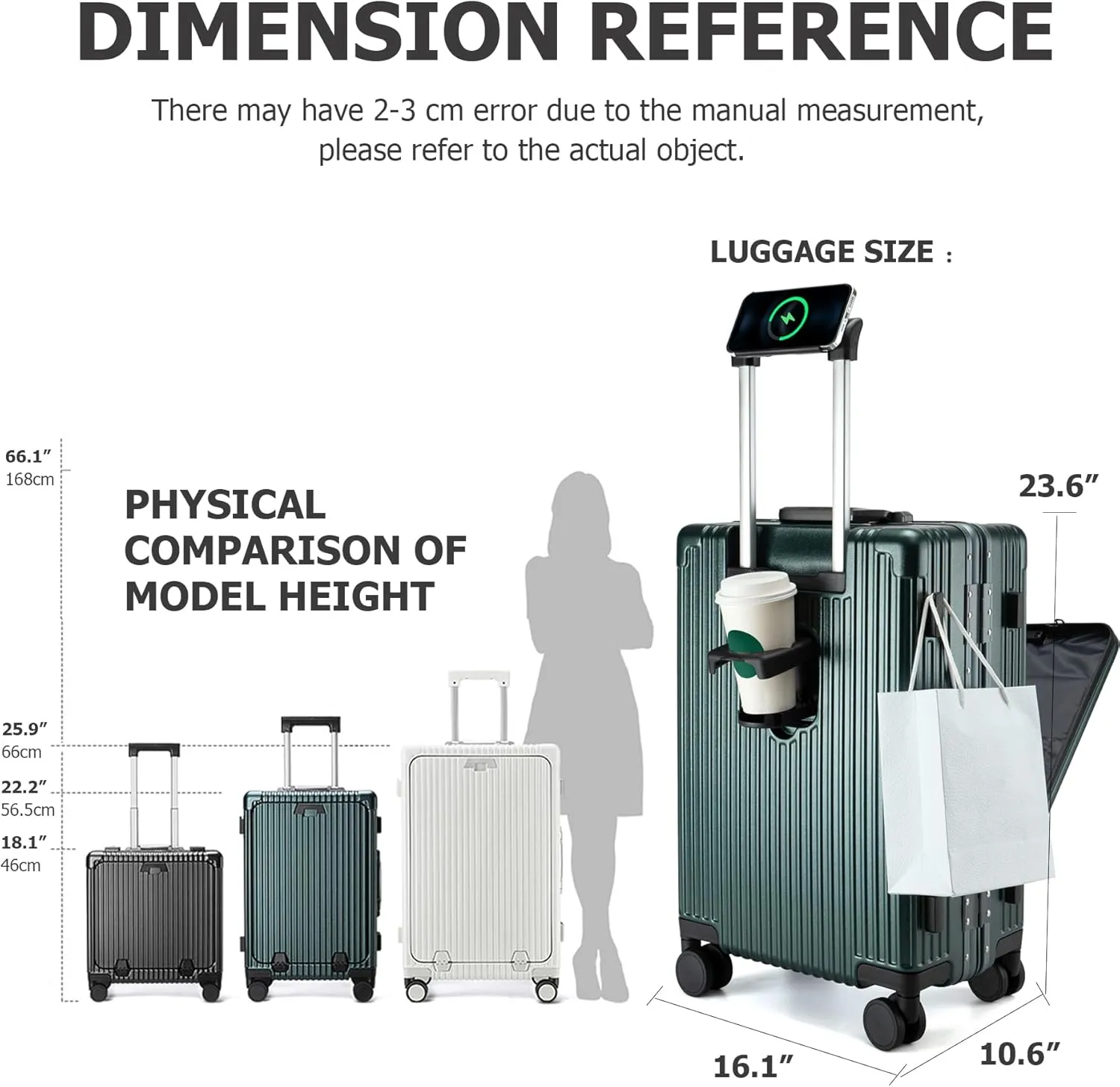 feilario 24in Aluminium Frame PC Hard Shell Spinner Wheels Luggage, Built-In TSA lock Carry on Suitcase, with Cup Holder, USB Port, Phone Holder