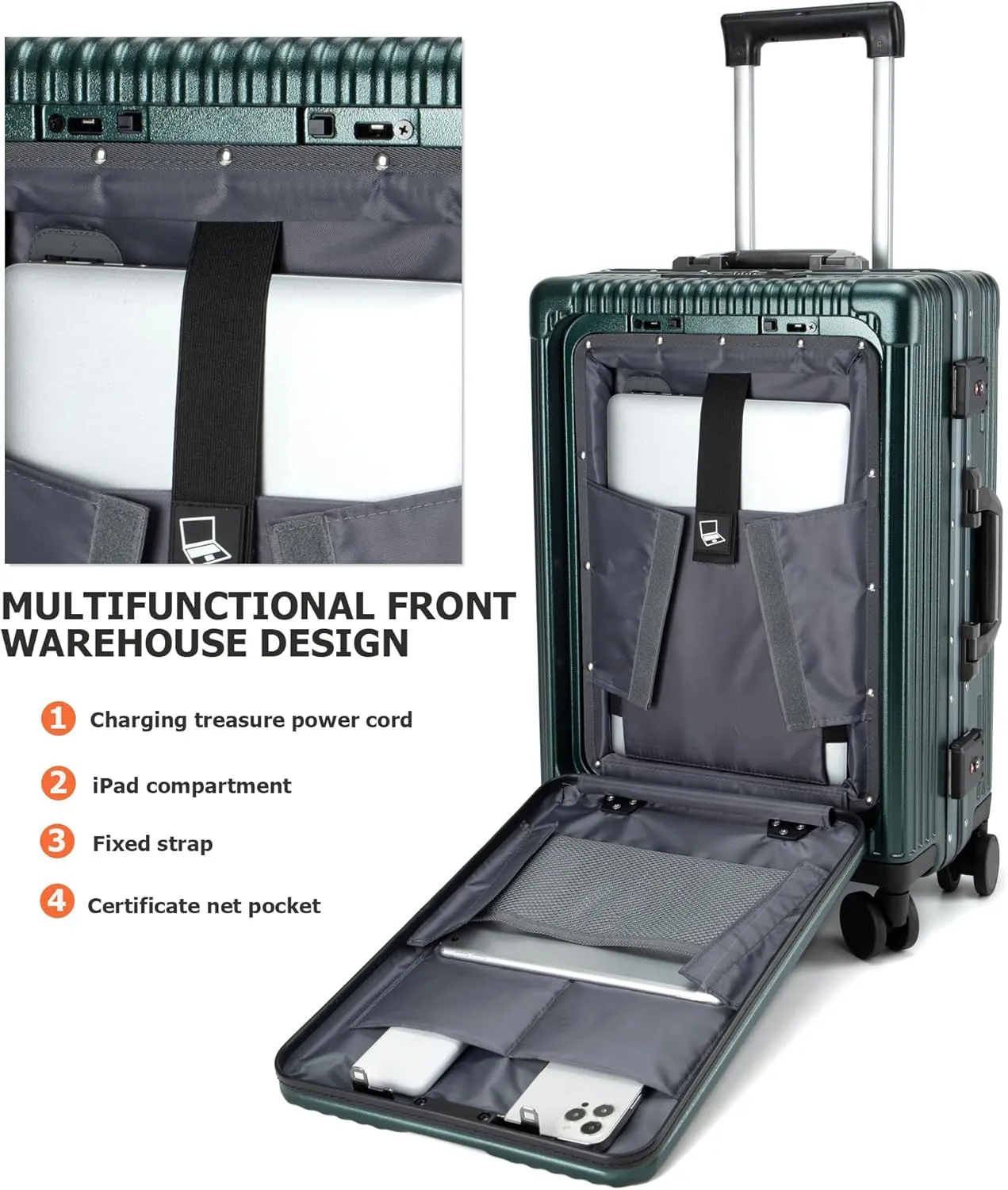 feilario 24in Aluminium Frame PC Hard Shell Spinner Wheels Luggage, Built-In TSA lock Carry on Suitcase, with Cup Holder, USB Port, Phone Holder