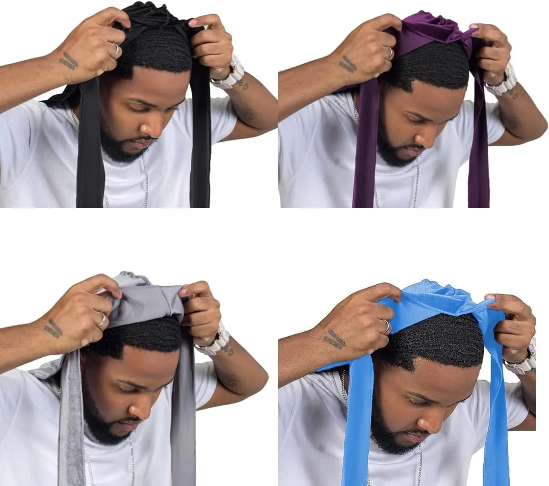 ForceWave Velvet Durags for Men Premium Du Rags Pack of 4 for Men Women with Long Tail and Wide Strap