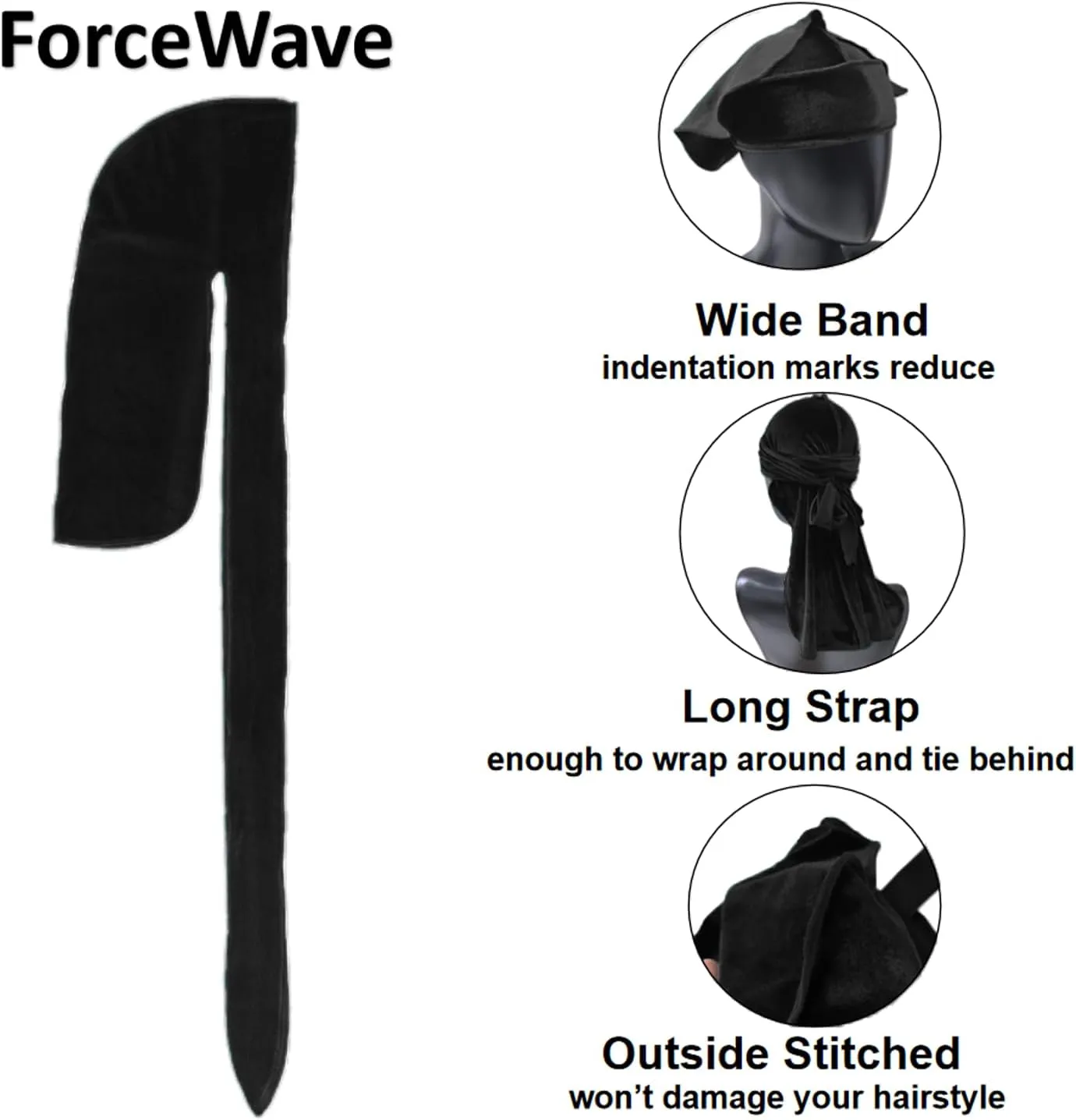 ForceWave Velvet Durags for Men Premium Du Rags Pack of 4 for Men Women with Long Tail and Wide Strap