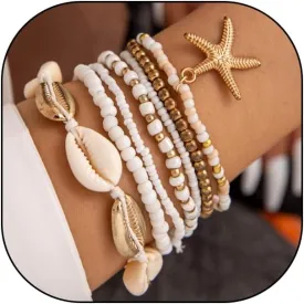 GIGB PBDK 7pcs Stackable Beach Shell Bracelet Set for Woman Lover,Boho Cowrie Seashell Starfish Bracelet Set,Cute Beaded Jewelry Gifts for Friends