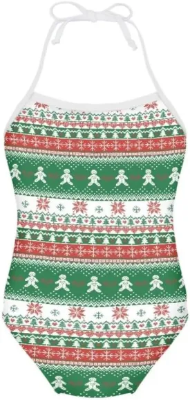 Girls Christmas Halter Modest One Piece Swimsuit Hawaiian Summer Beach Swimwear 3-10 Years