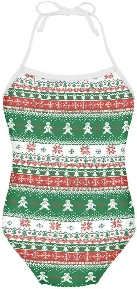 Girls Christmas Halter Modest One Piece Swimsuit Hawaiian Summer Beach Swimwear 3-10 Years