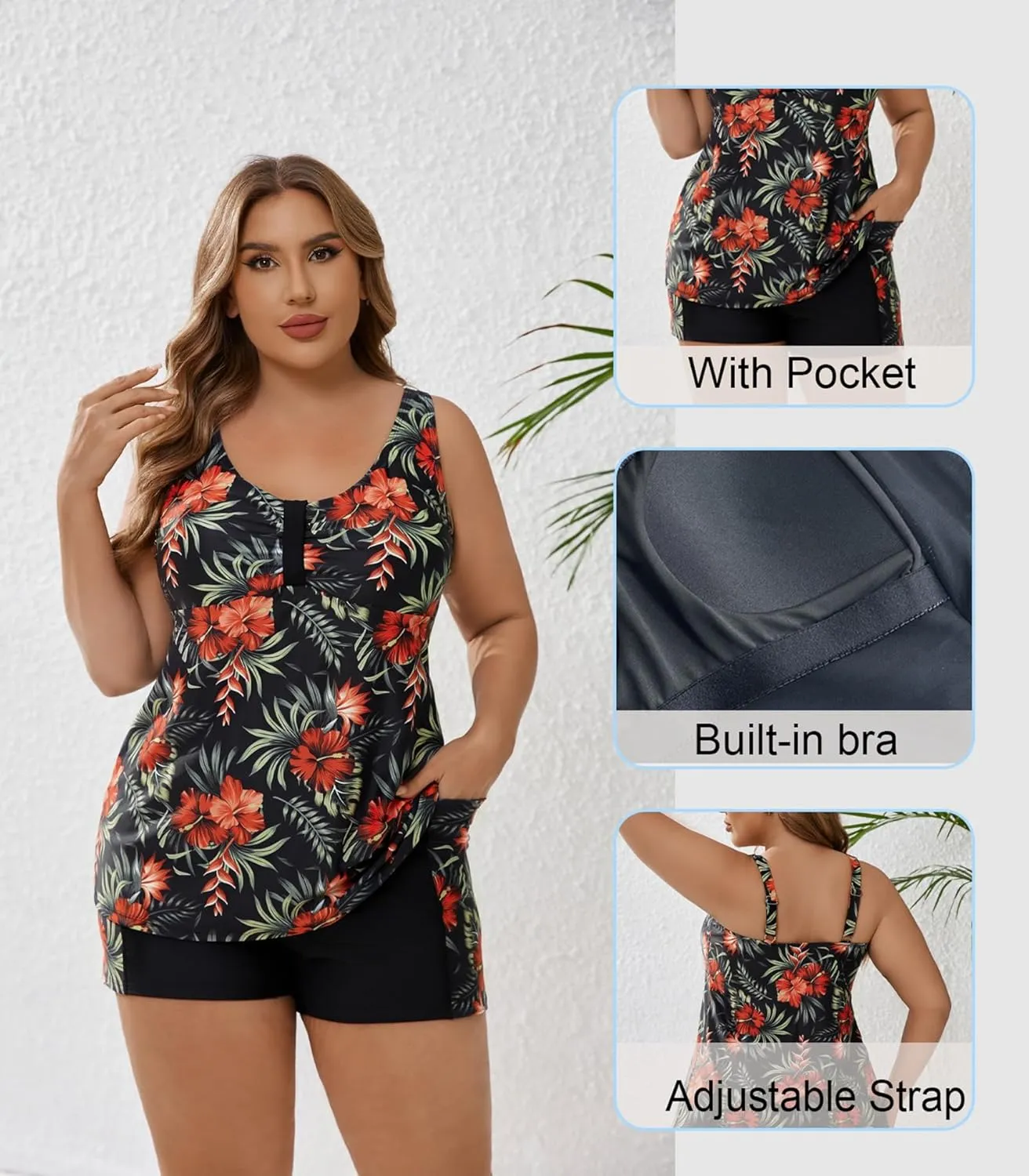 Halcurt Women's Plus Size Two Piece Bathing Suits Tankini Set with Shorts Pocket Tummy Control Swimsuit