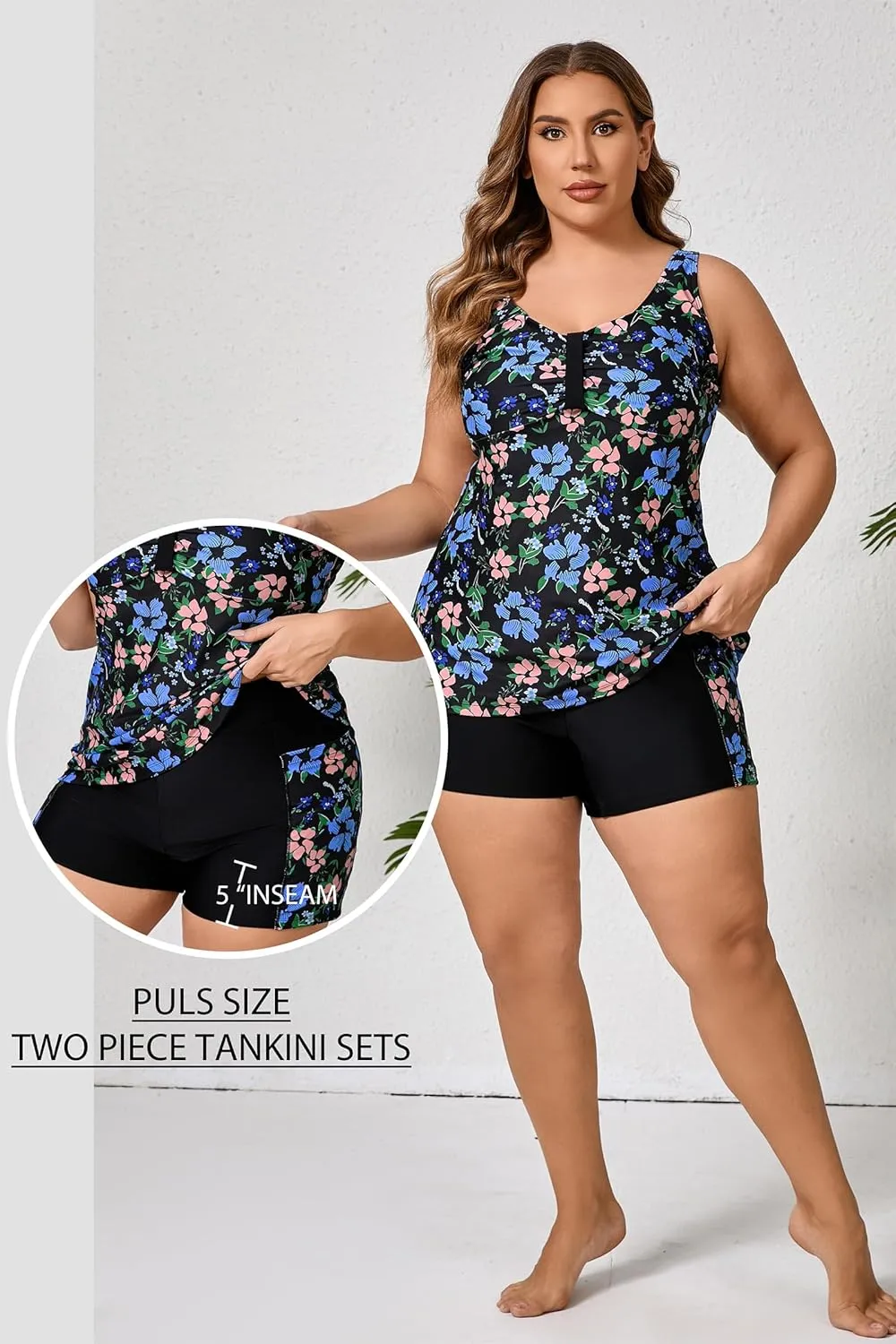 Halcurt Women's Plus Size Two Piece Bathing Suits Tankini Set with Shorts Pocket Tummy Control Swimsuit