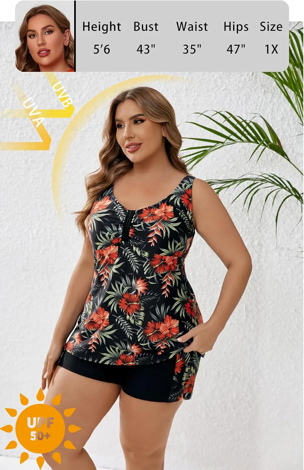 Halcurt Women's Plus Size Two Piece Bathing Suits Tankini Set with Shorts Pocket Tummy Control Swimsuit