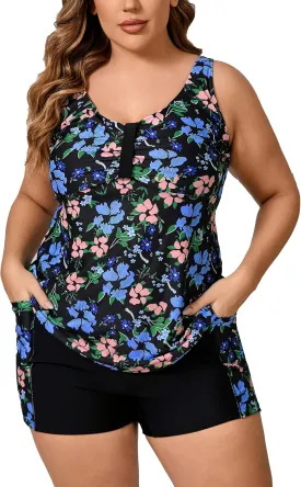 Halcurt Women's Plus Size Two Piece Bathing Suits Tankini Set with Shorts Pocket Tummy Control Swimsuit