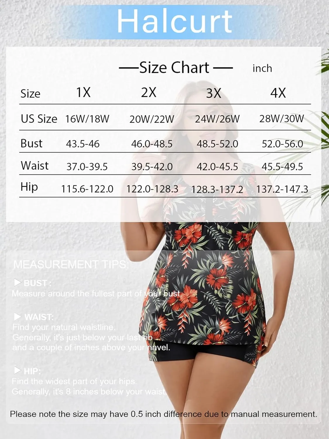 Halcurt Women's Plus Size Two Piece Bathing Suits Tankini Set with Shorts Pocket Tummy Control Swimsuit