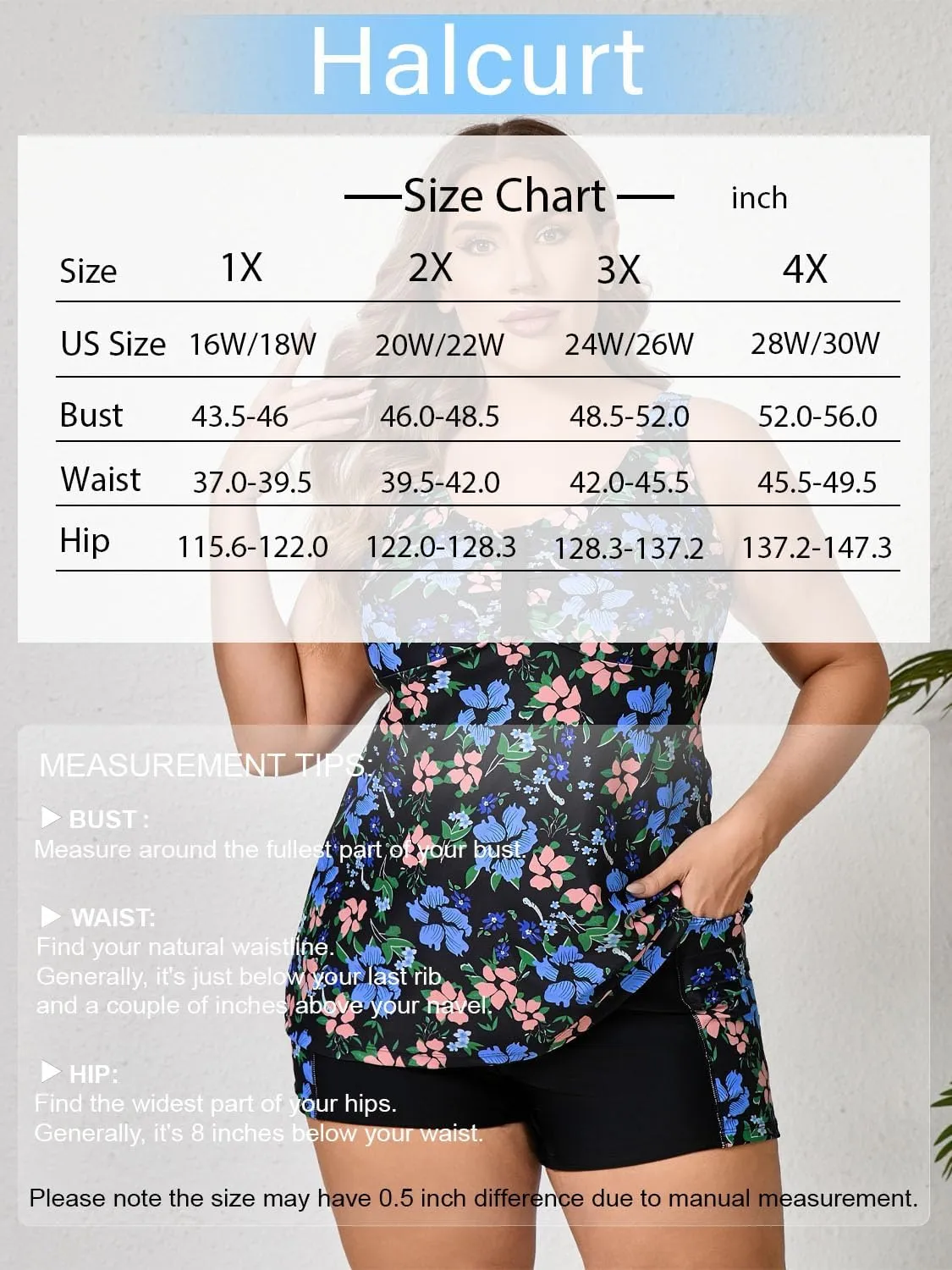 Halcurt Women's Plus Size Two Piece Bathing Suits Tankini Set with Shorts Pocket Tummy Control Swimsuit