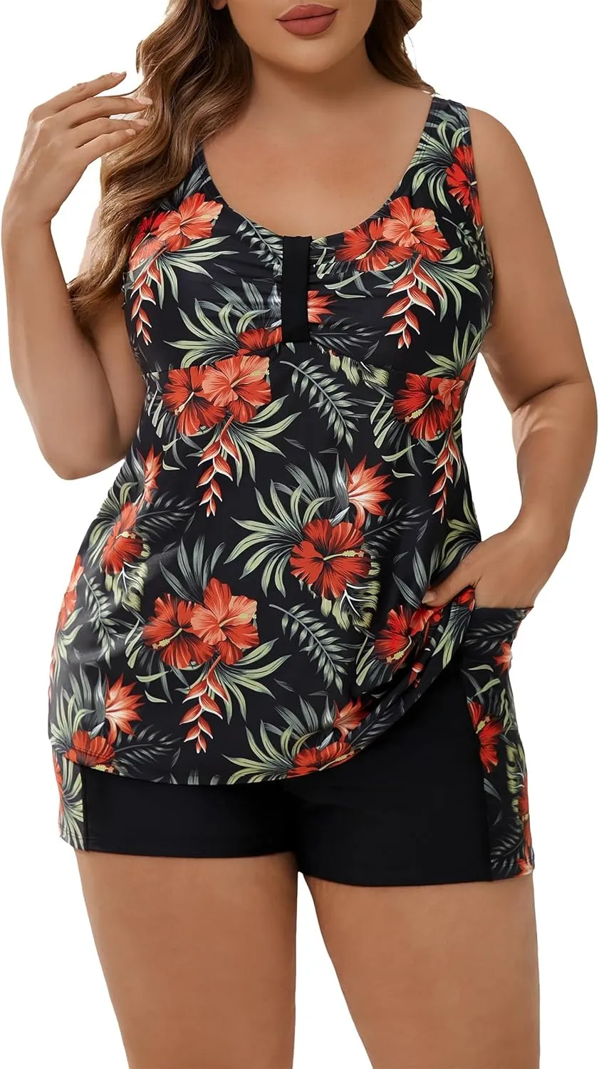 Halcurt Women's Plus Size Two Piece Bathing Suits Tankini Set with Shorts Pocket Tummy Control Swimsuit