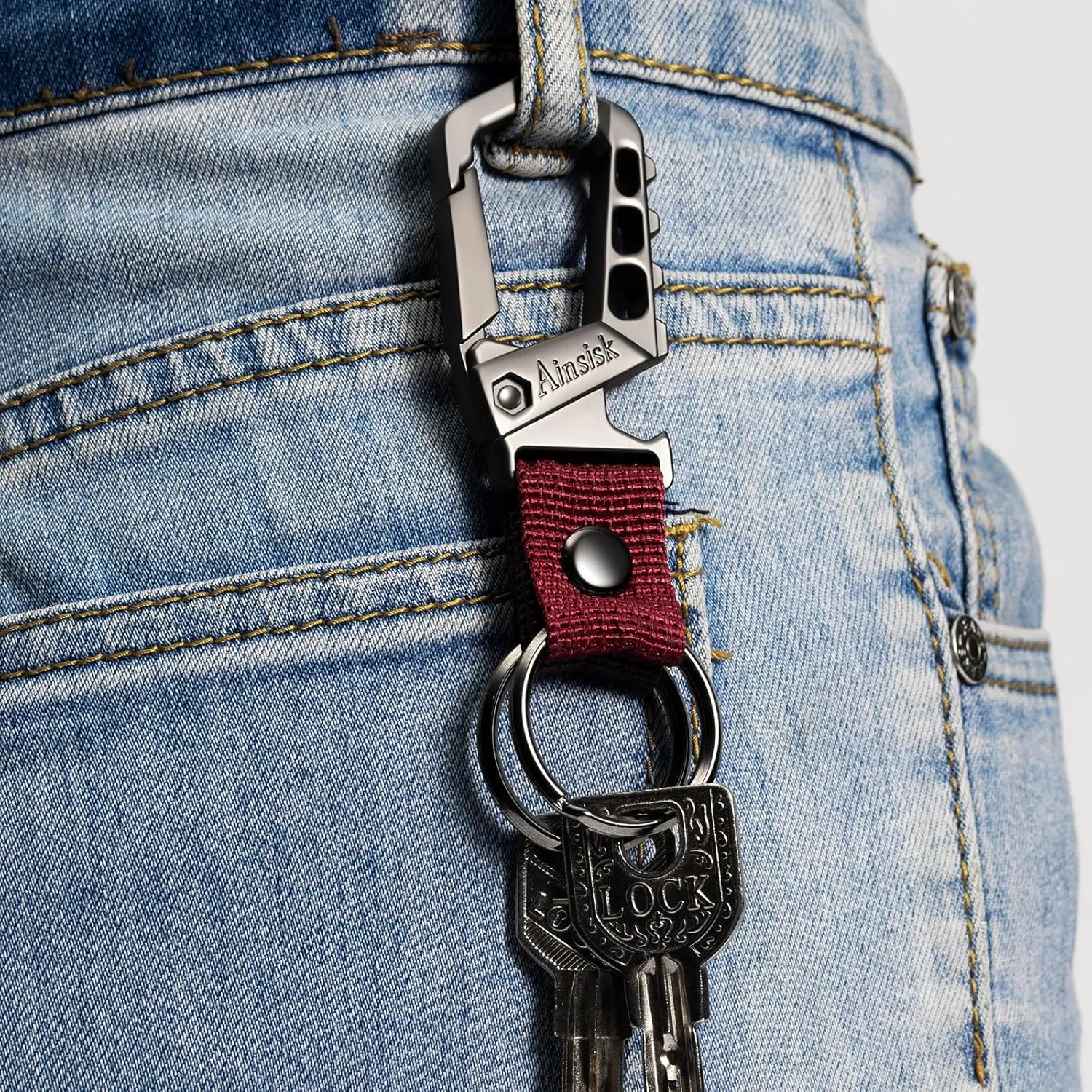 Heavy duty key chain,bottle opener function car keychains,versatile metal snap hook carabiner clip and 2 key rings