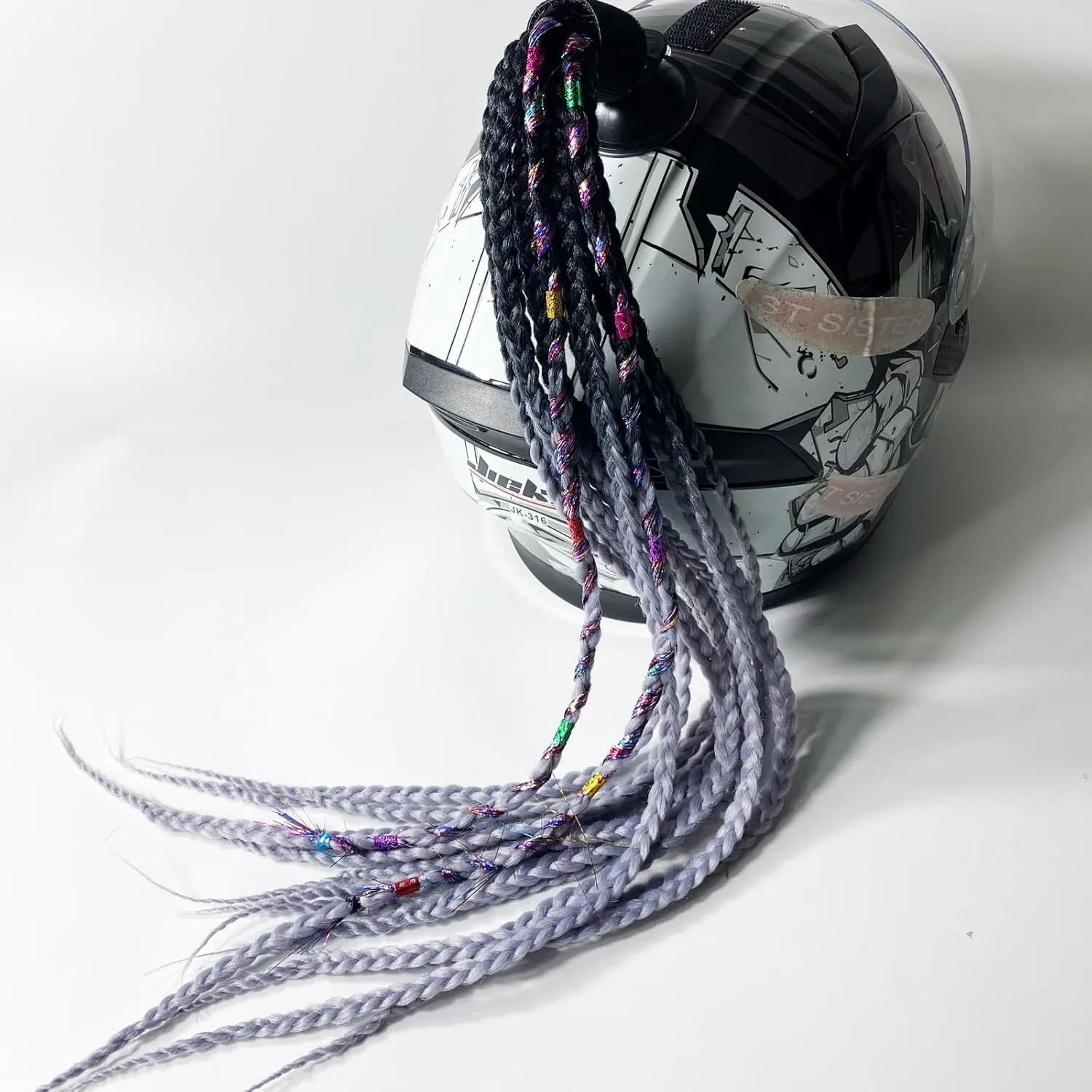 Helmet Pigtails Gradient Ramp Helmet Braids Ponytail Helmet Hair with Suction Cup for Motor Bike 1PCS 24inch (Helmet not Included)