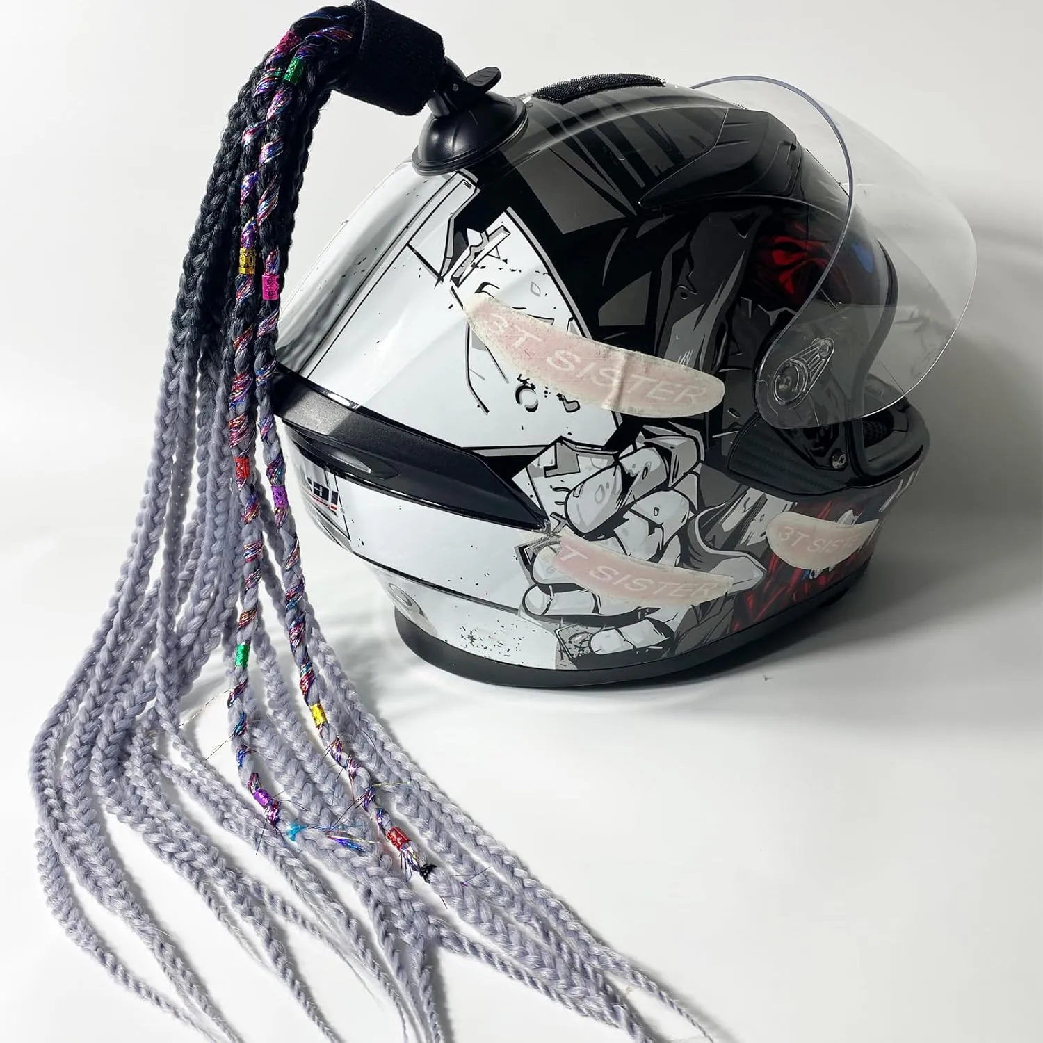 Helmet Pigtails Gradient Ramp Helmet Braids Ponytail Helmet Hair with Suction Cup for Motor Bike 1PCS 24inch (Helmet not Included)