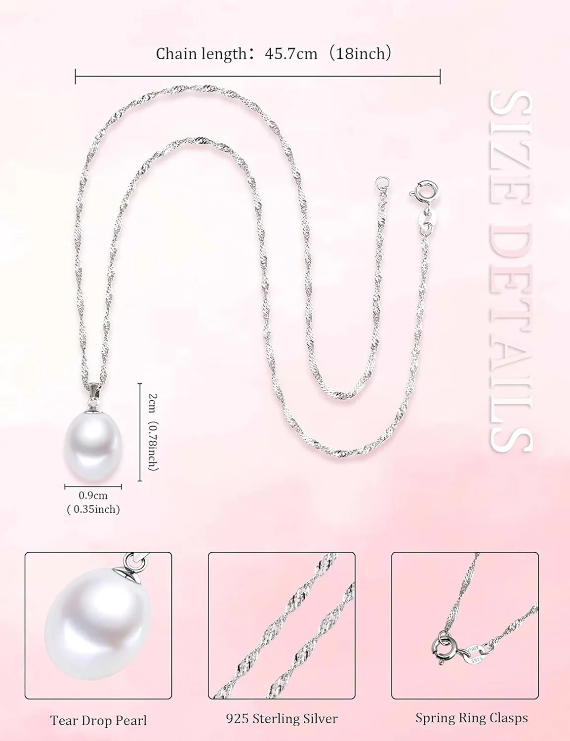 HXZZ Fine Jewelry Women Gifts 925 Sterling Silver Freshwater Cultured Teardrop White Pearl Pendant Necklace