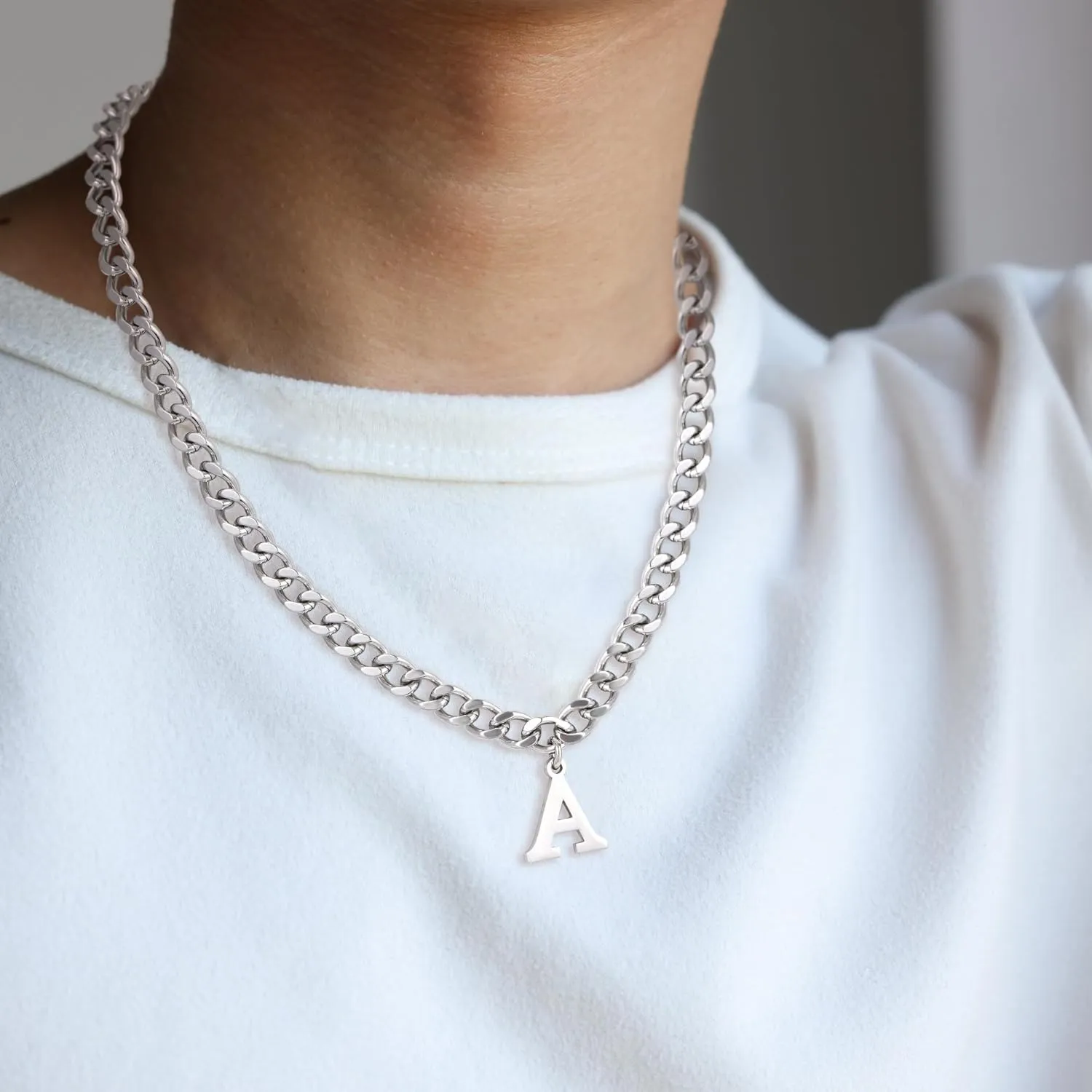 Initial A-Z Cuban Link Chain Necklace for Men, Stainless Steel Letter Pendant Necklace Diamond Cut 6MM Cuban Link Chain Initial Necklace Gifts for Men Father Boyfriends