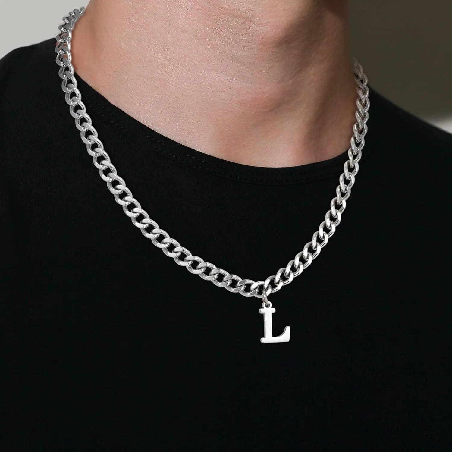 Initial A-Z Cuban Link Chain Necklace for Men, Stainless Steel Letter Pendant Necklace Diamond Cut 6MM Cuban Link Chain Initial Necklace Gifts for Men Father Boyfriends