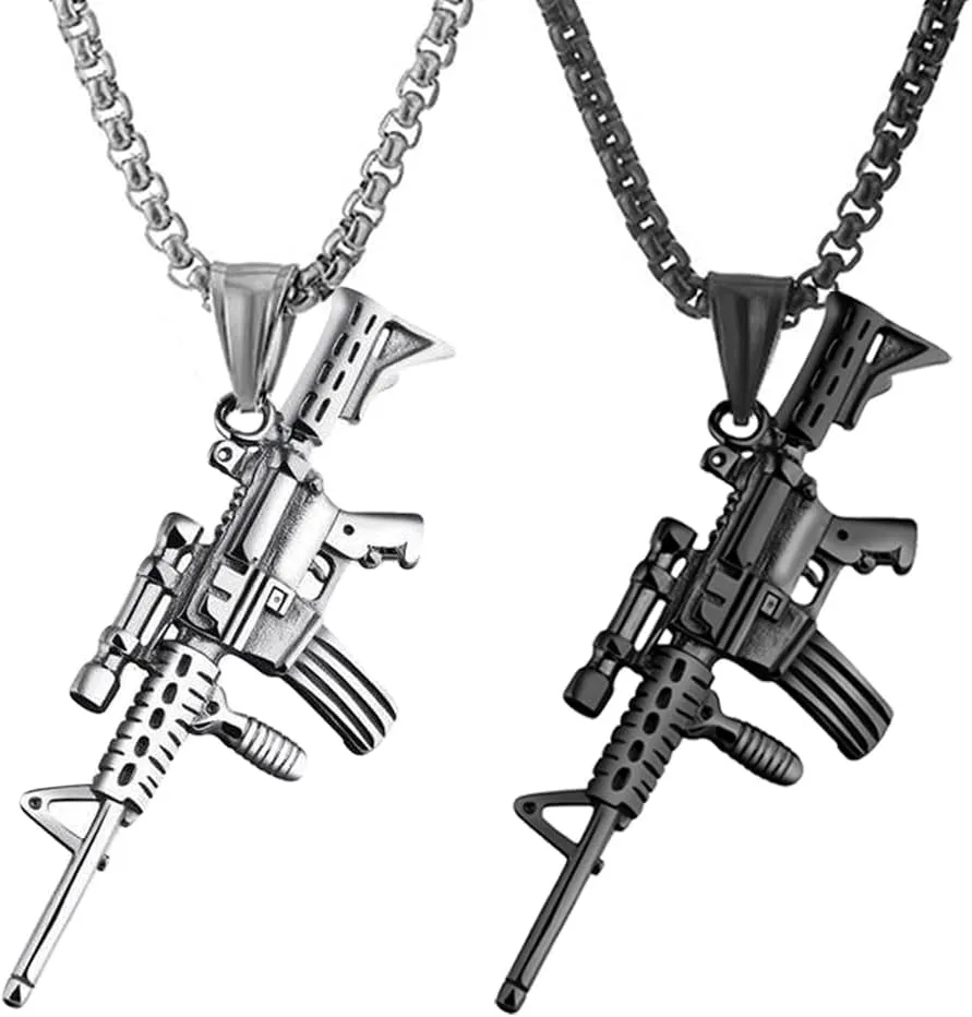 JKJF Gun Pendant Necklace Submachine Gun Necklace Rock Hip Hop Gun Necklace for Men ?C Black Silver Style 1