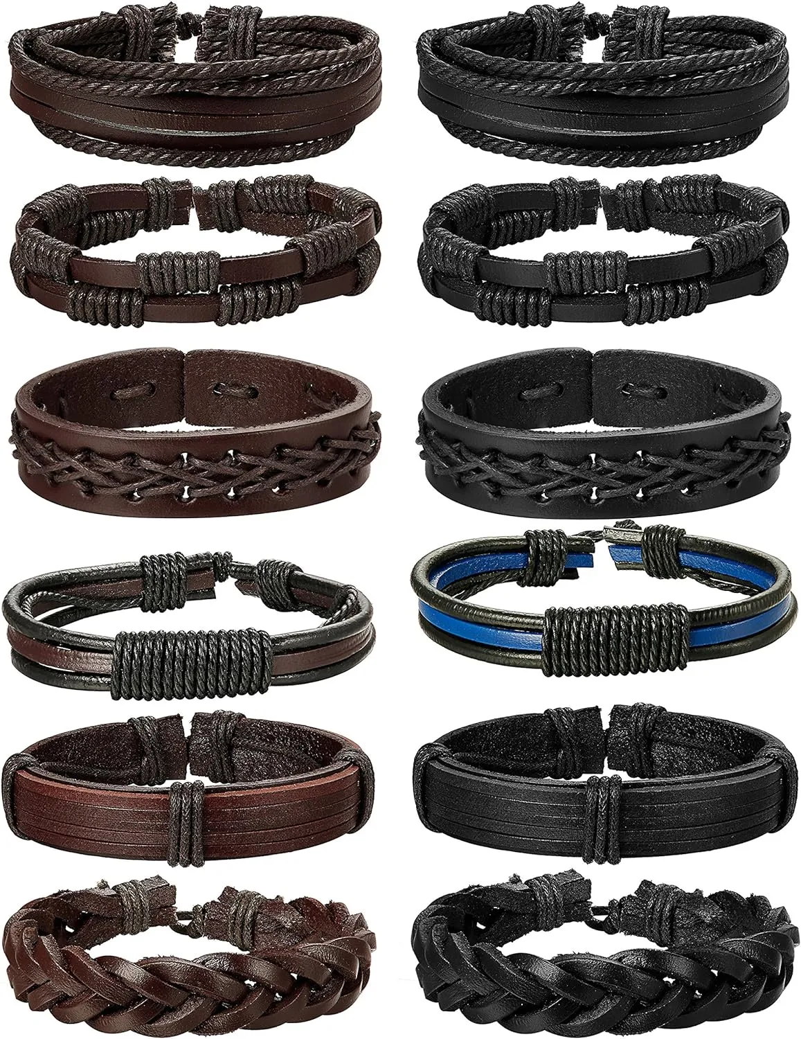 Jstyle 12Pcs Braided Leather Bracelet for Men Women Cuff Wrap Bracelet Adjustable Black and Brown (A:12Pcs)