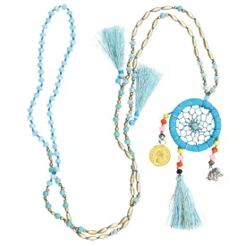 Light Blue Turquoise And Gold Dreamcatcher Necklace With Tassels