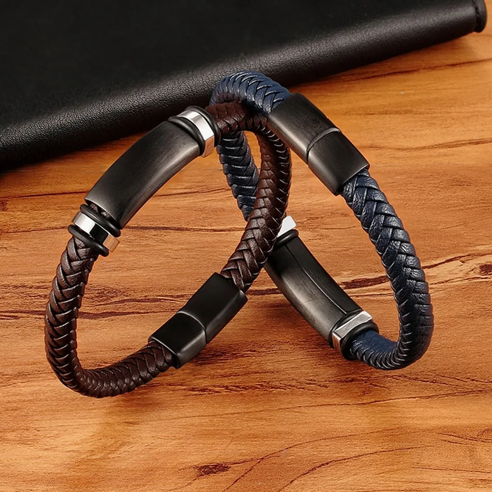 Luxury Stainless Steel Accessories Genuine Leather Combination 3 Colors Men Bracelets