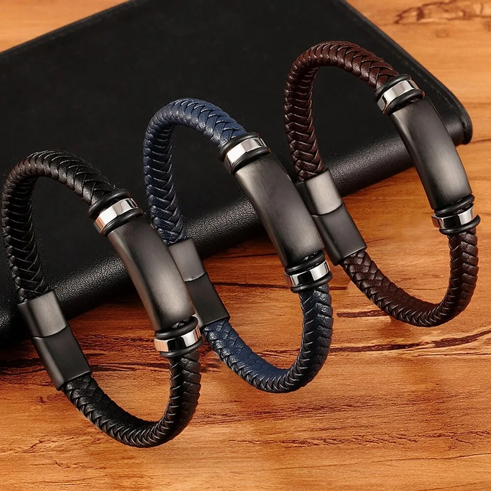 Luxury Stainless Steel Accessories Genuine Leather Combination 3 Colors Men Bracelets
