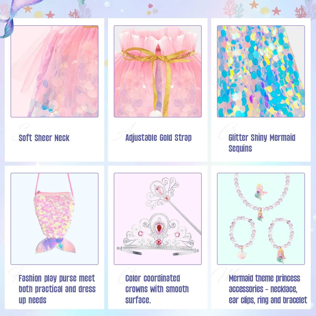 Meland Princess Dress Up for Girls 3-8, 11Pcs Mermaid Cape with Crown, Dress Up Clothes Birthday Gift Toys for Girls Toddlers