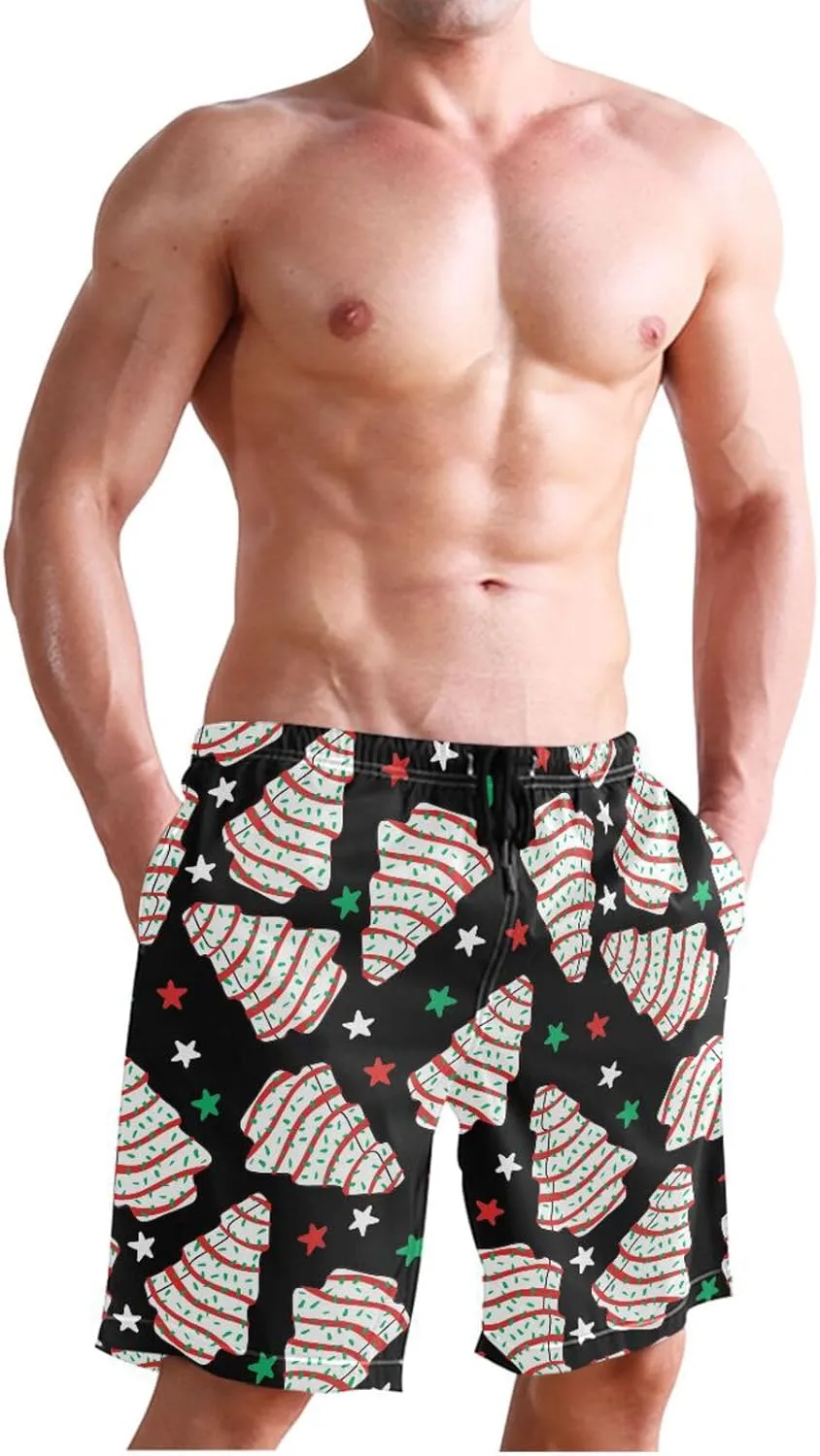 Men's Swim Trunks Quick Dry Swimming Shorts with Mesh Lining and Pocket Pink Christmas Santa Claus Swimsuit Trunks