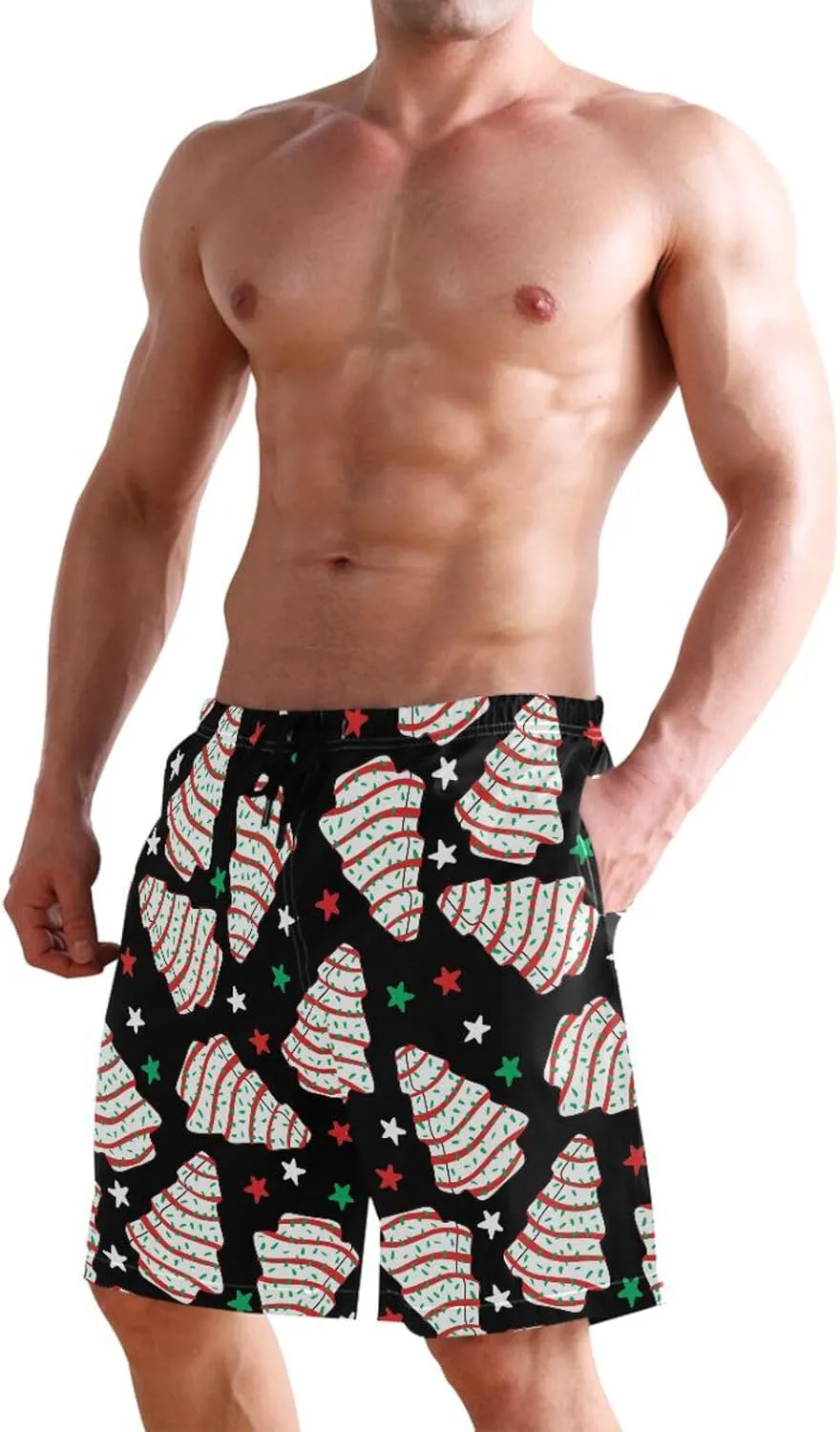 Men's Swim Trunks Quick Dry Swimming Shorts with Mesh Lining and Pocket Pink Christmas Santa Claus Swimsuit Trunks
