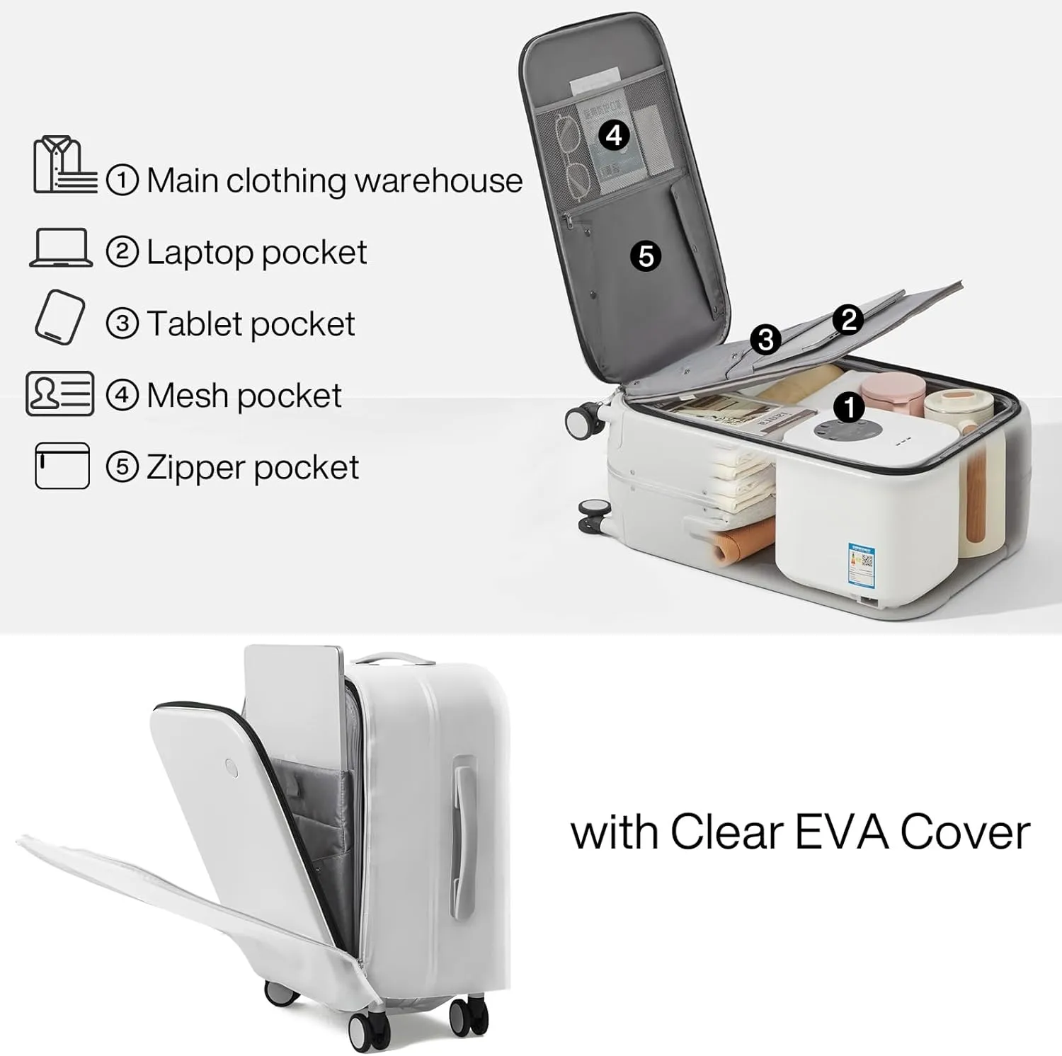 Mixi Carry On Luggage, 20'' Suitcase with Front Laptop Pocket, Travel Rolling Luggage Aluminum Frame PC Hardside with Spinner Wheels & TSA Lock and Cover - Smoke White