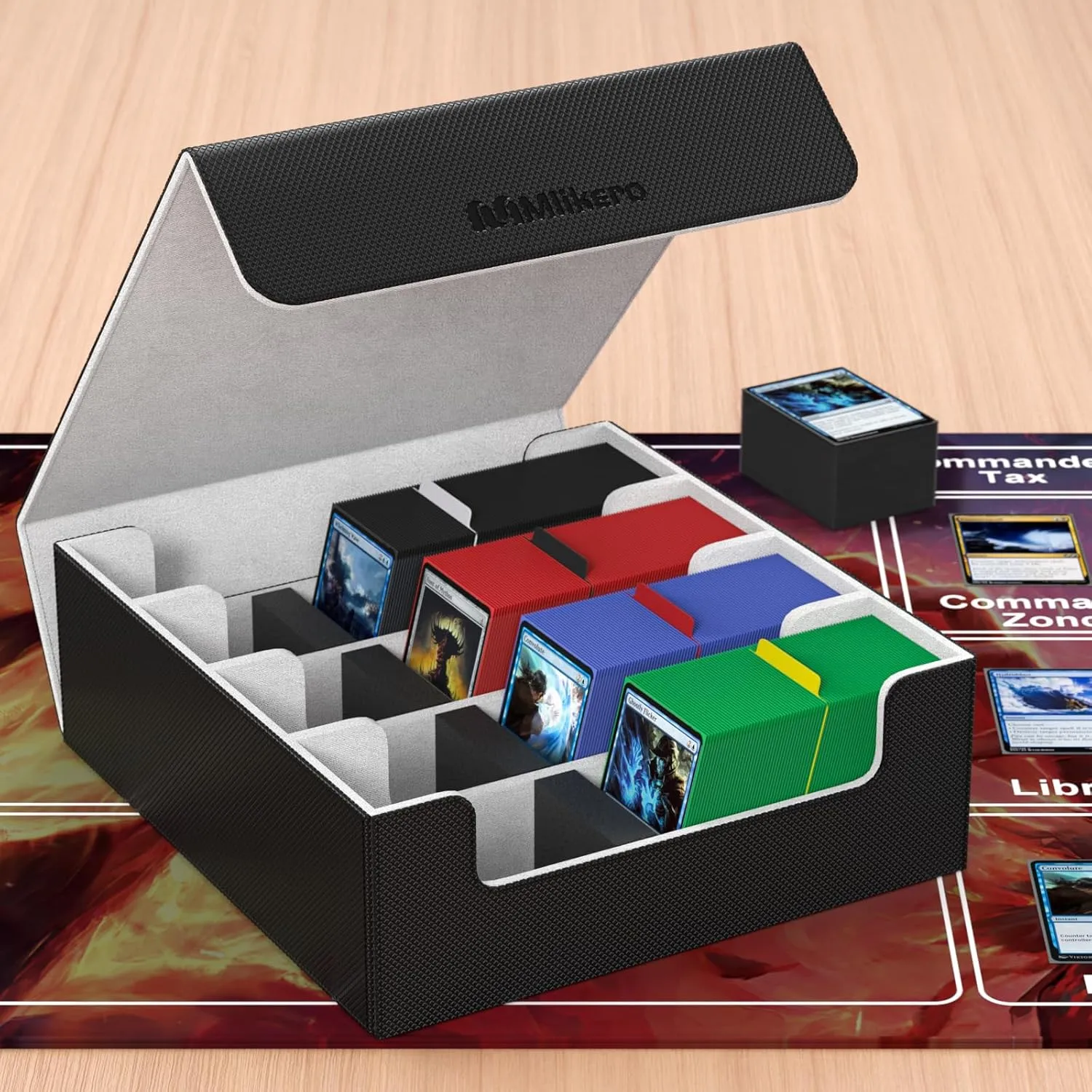 Mlikero Card Deck Case, 2400  Trading Card Storage Box with 10 Colorful Dividers and 4 Foam Stoppers, Leather Magnetic Closure Commander Deck Box Fit for MTG, TCG (4 Rows, Black&Grey)