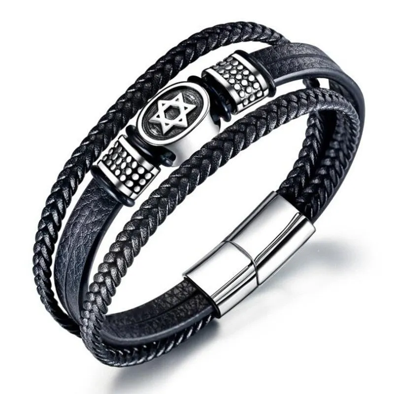 Multilayer Woven Leather Wrap Bracelet Men Cross Bracelet