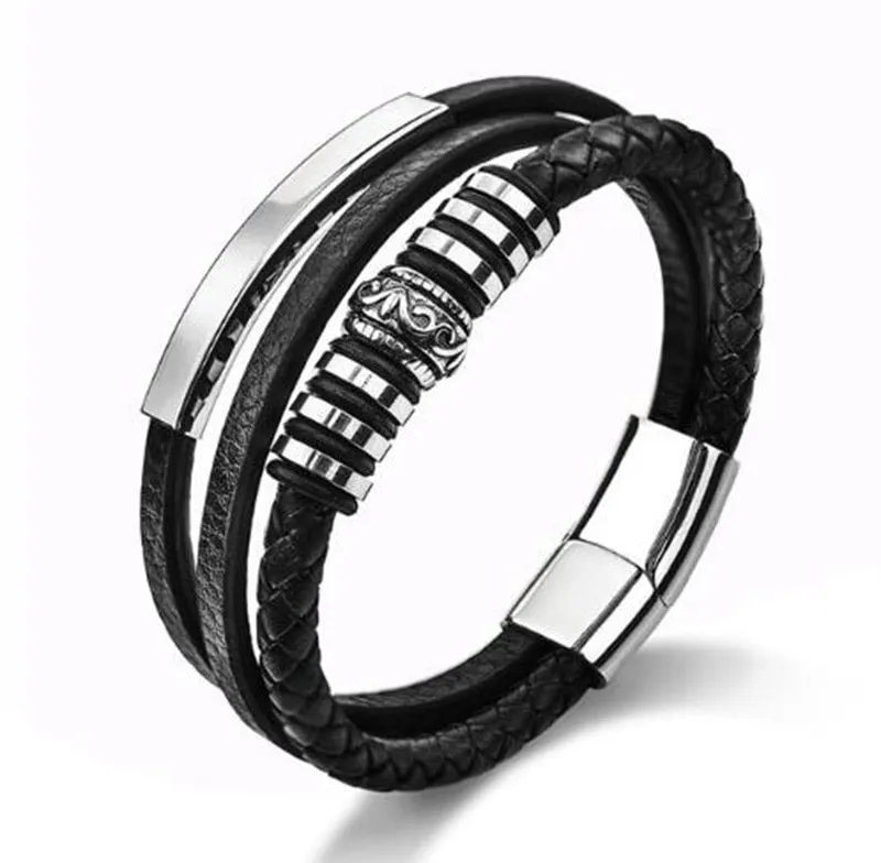 Multilayer Woven Leather Wrap Bracelet Men Cross Bracelet