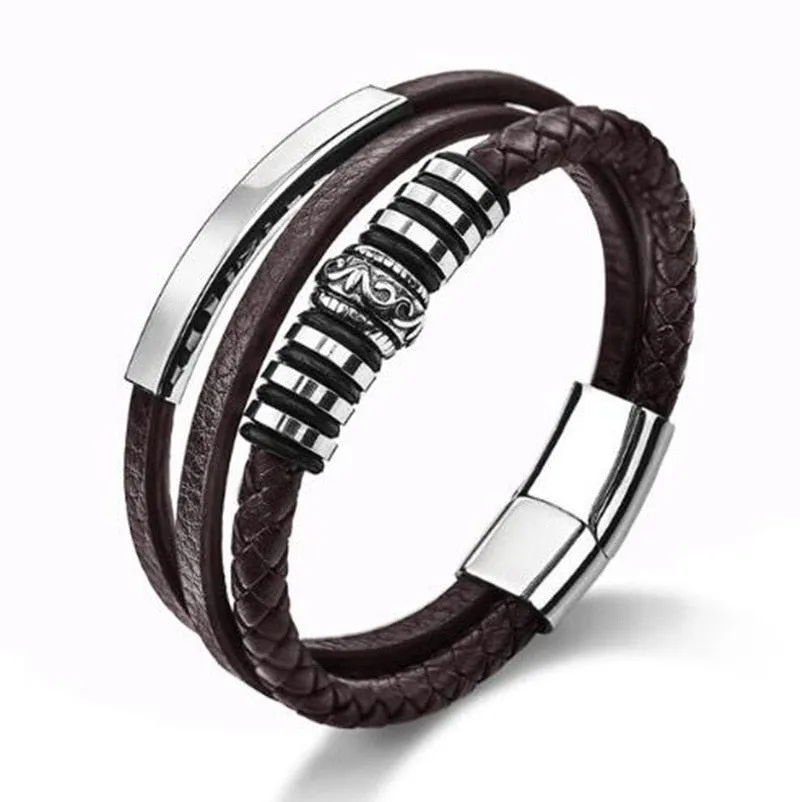 Multilayer Woven Leather Wrap Bracelet Men Cross Bracelet
