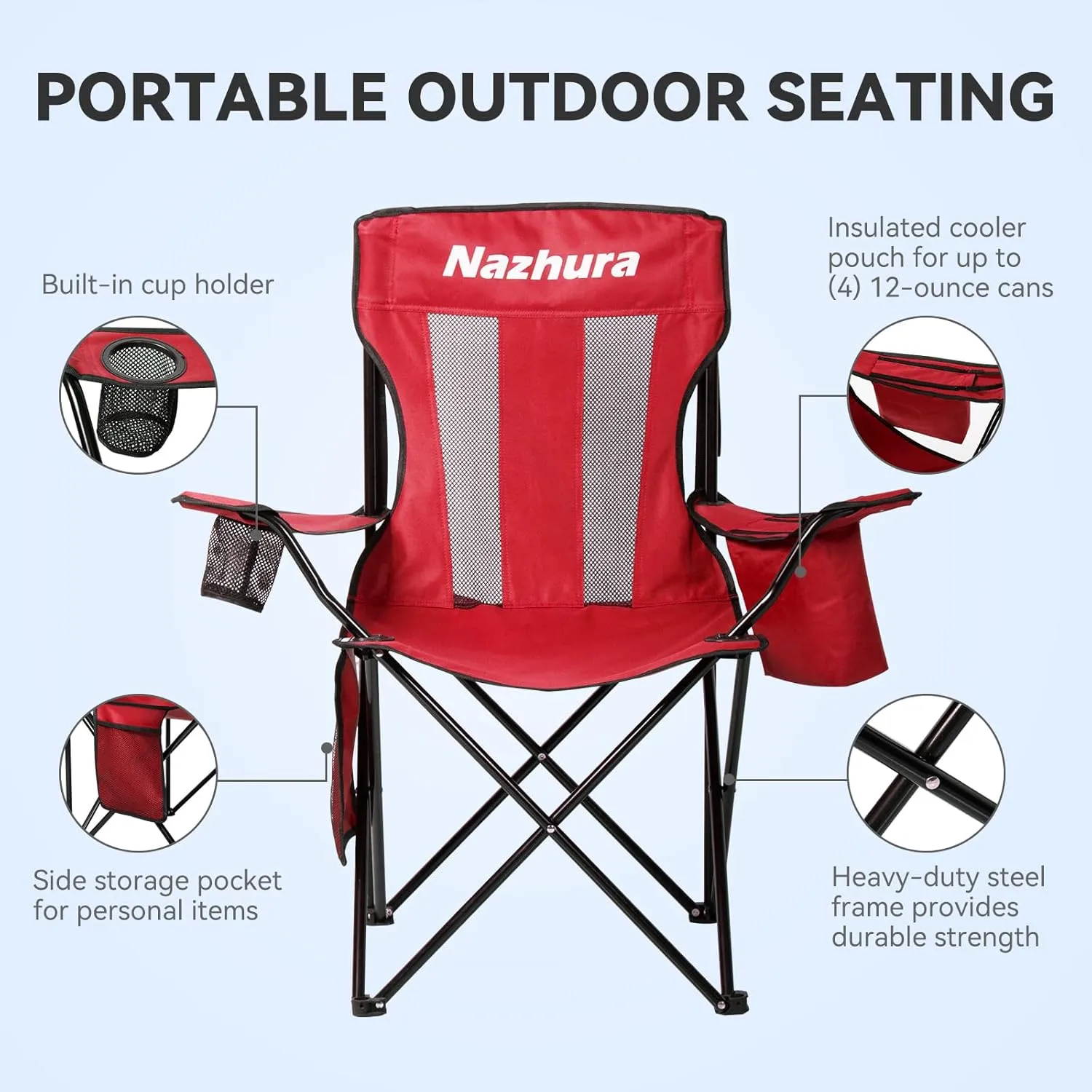 Nazhura 2 Pack Outdoor Camping Chairs Folding/Foldable/Portable with Cooler Pouch, Mesh Backrest and Cup Holder Pocket(Red, 2 Pack)