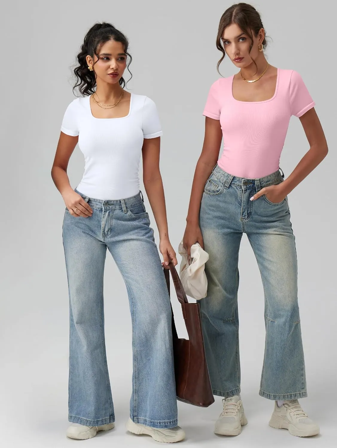 OQQ Women Bodysuits Ruched Short Sleeve Square Neck Stretch Lounge Travel Bodysuits
