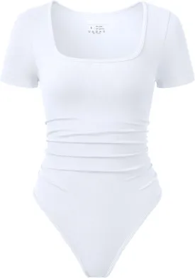 OQQ Women Bodysuits Ruched Short Sleeve Square Neck Stretch Lounge Travel Bodysuits