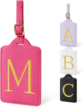 Personalized Initial Luggage Tags for Suitcases, Cute PU Leather Embroidered Letter Travel Luggage Tags, Suitcase Identifier Name Baggage Tag, Bag Tags for Men Women Kids Luggage Handbags(Rosered M)