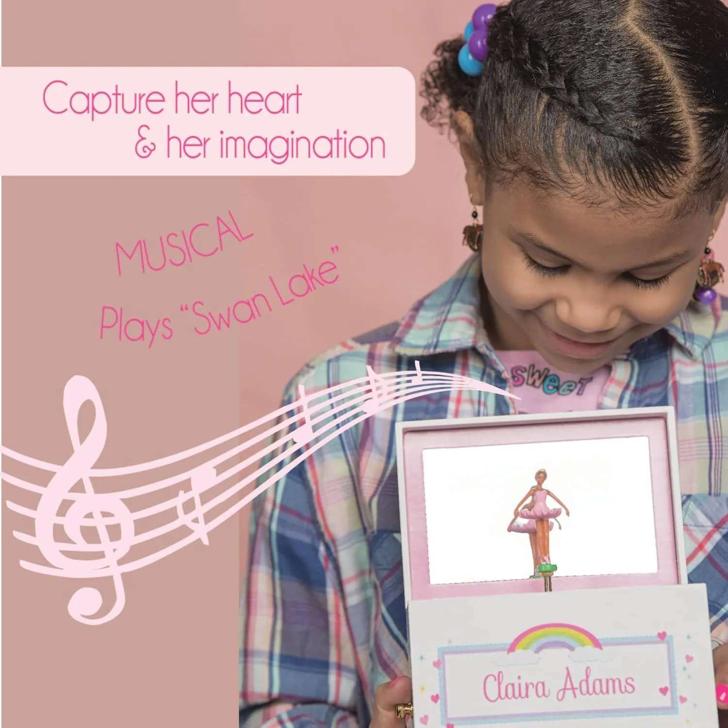 Personalized Lavender Flower Girl Musical Ballerina Jewelry Box plays "Swan Lake" with drawers