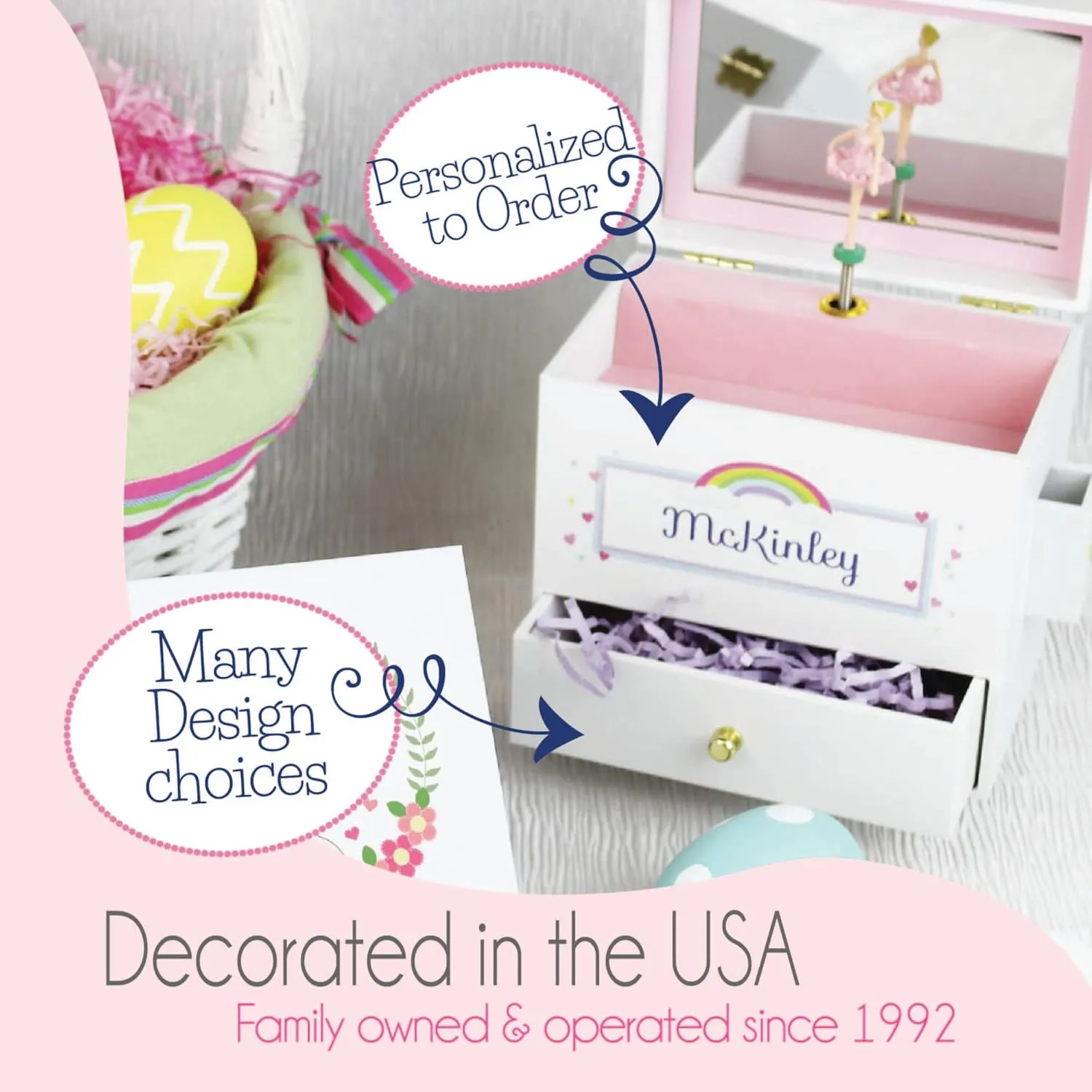 Personalized Lavender Flower Girl Musical Ballerina Jewelry Box plays "Swan Lake" with drawers