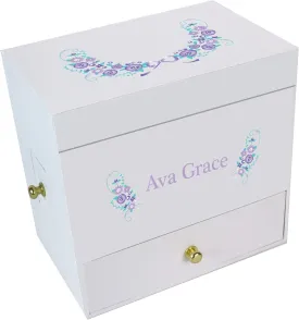Personalized Lavender Flower Girl Musical Ballerina Jewelry Box plays "Swan Lake" with drawers