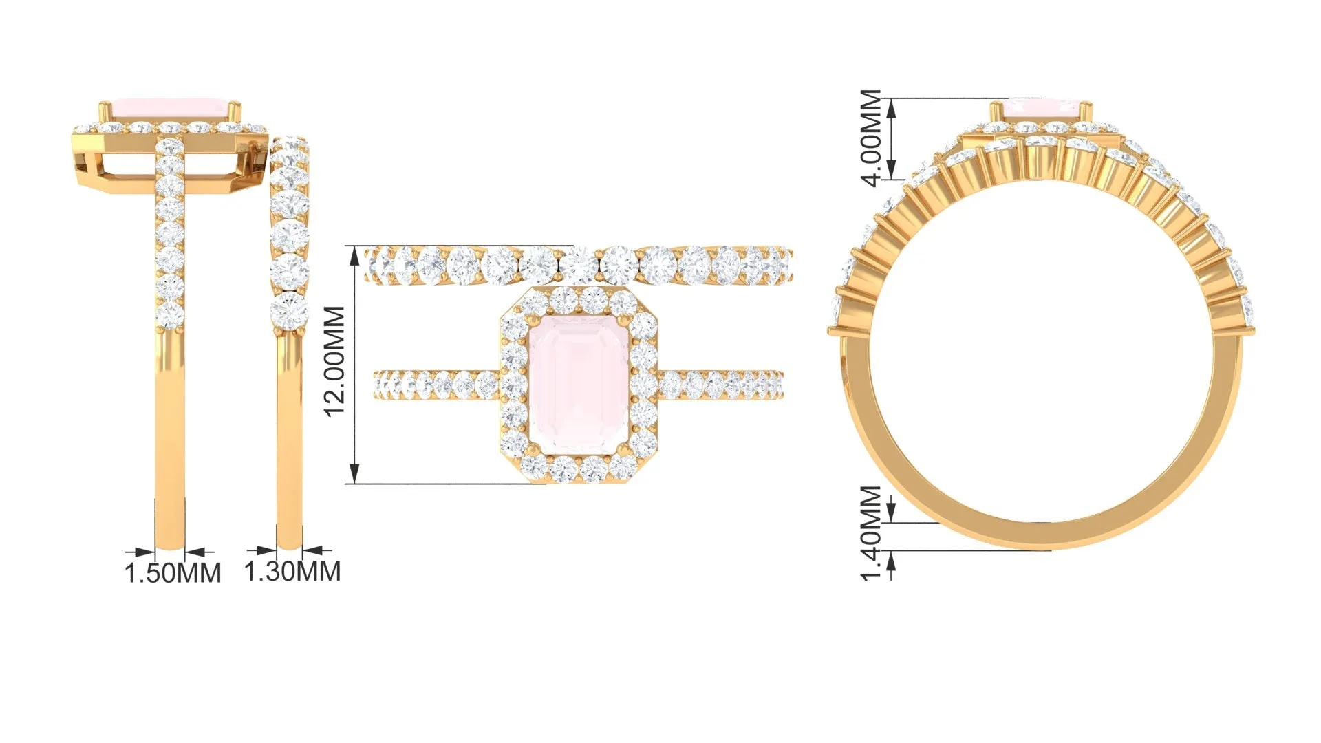 Real Rose Quartz and Moissanite Stackable Ring Set