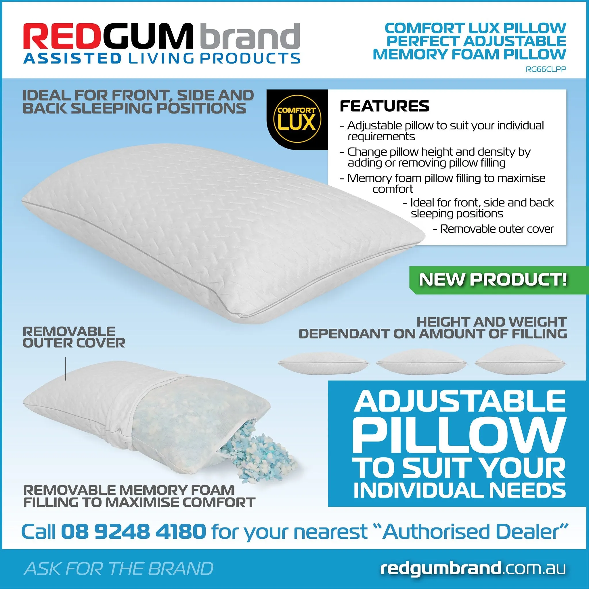 Redgum Pillow Comfort Lux Pillow Perfect Adjustable memory foam Pillow RG66CLPP