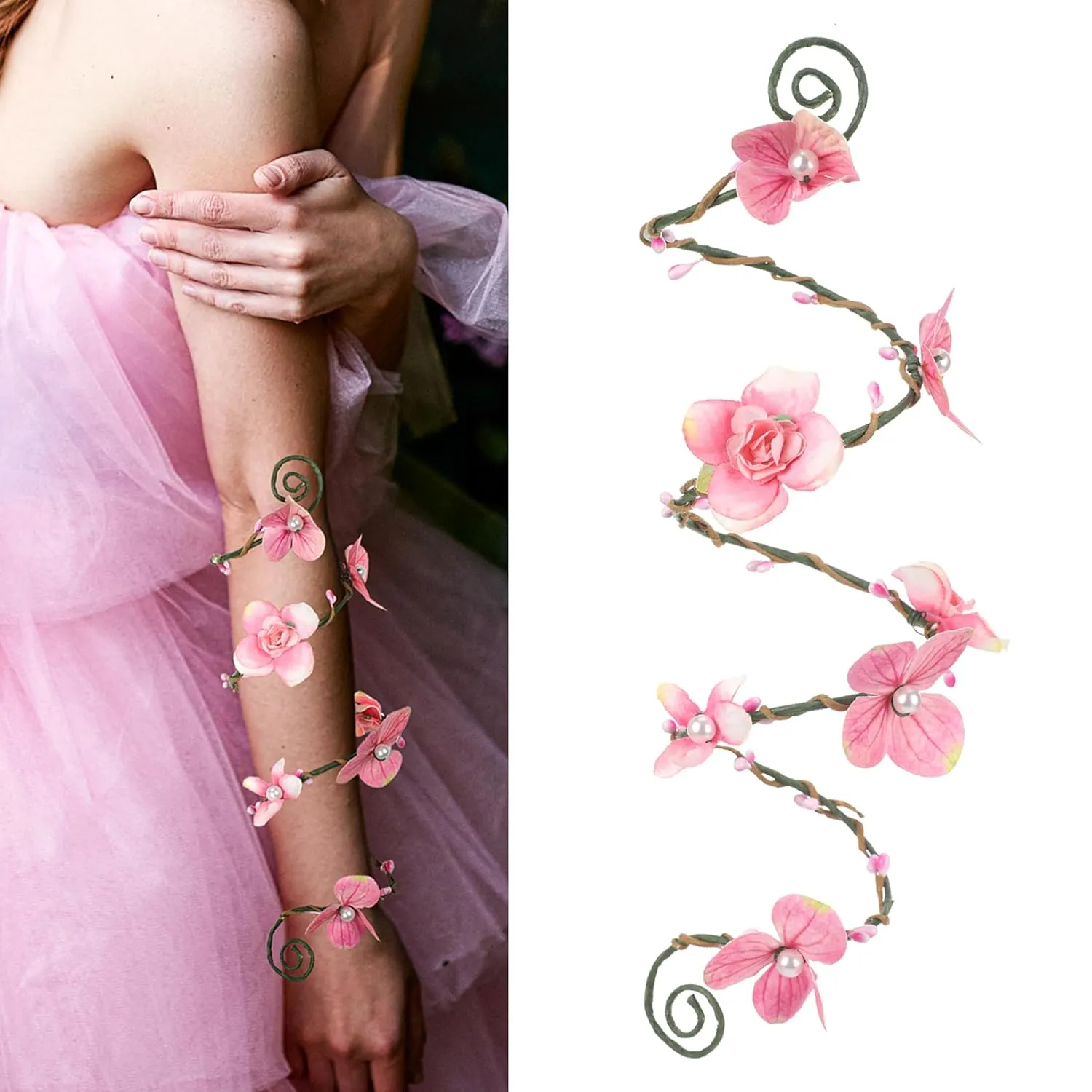 Renaissance Fairy Flower Arm Wrap - 1PC Elven Bracelet with Pink Flower Woodland Poison Ivy Accessories Fairy Costume Fantasy Halloween 2024 Renfaire Christmas Cosplay Accessories for Adult Women